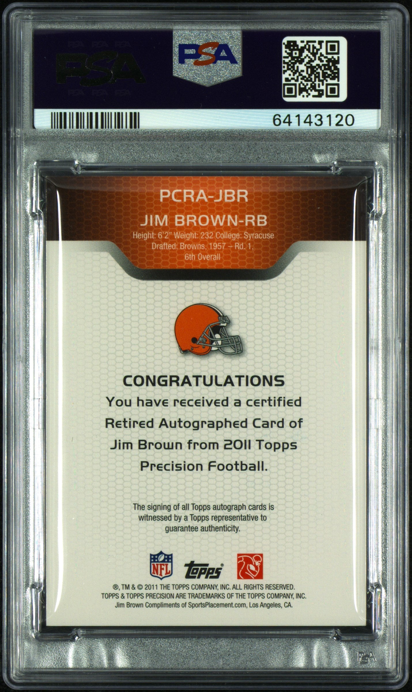 2011 Topps Precision Autographs Jim Brown #JBR AUTO #2/10 Gold PSA 8