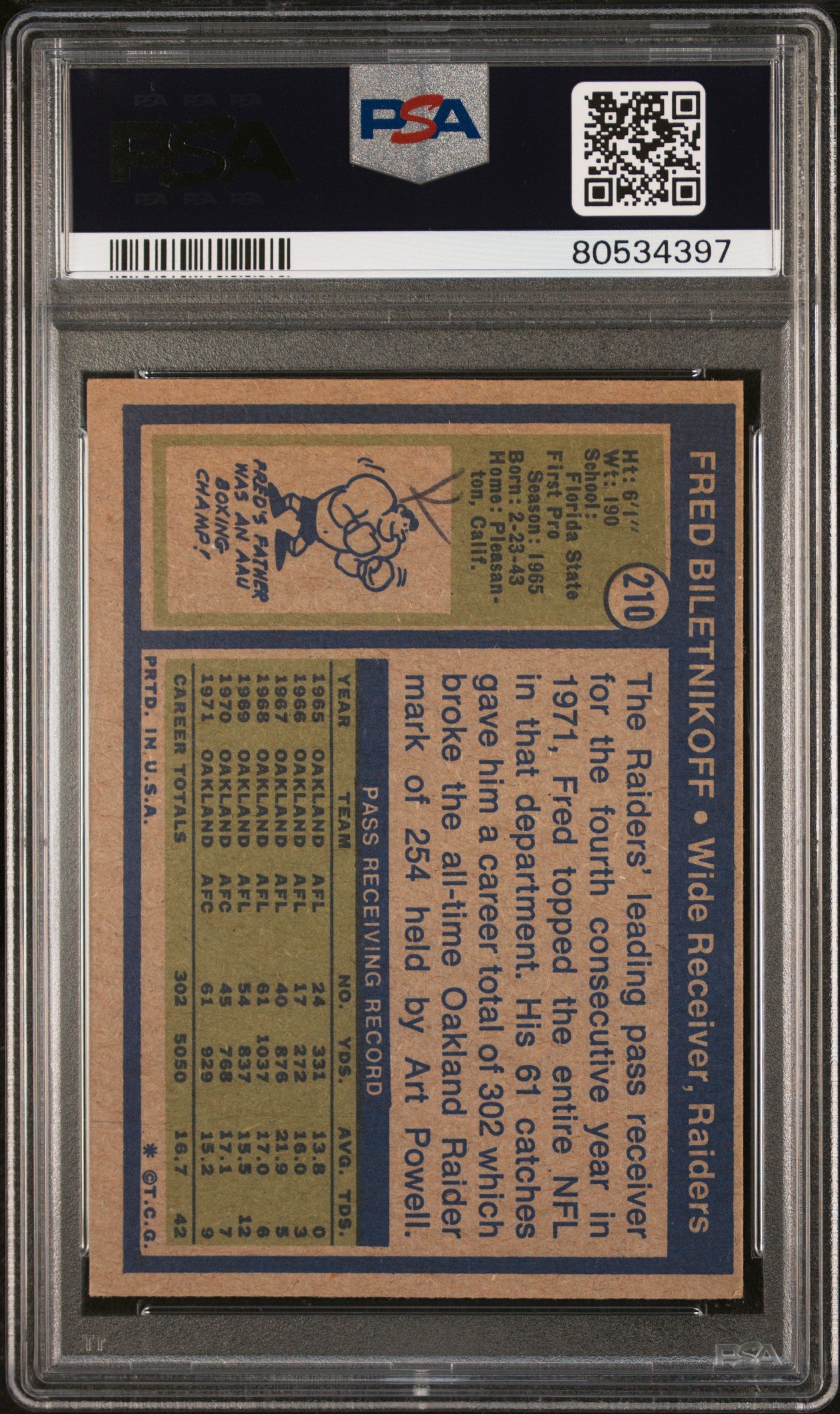 1972 Topps Fred Biletnikoff #210 PSA Authentic Auto Signed