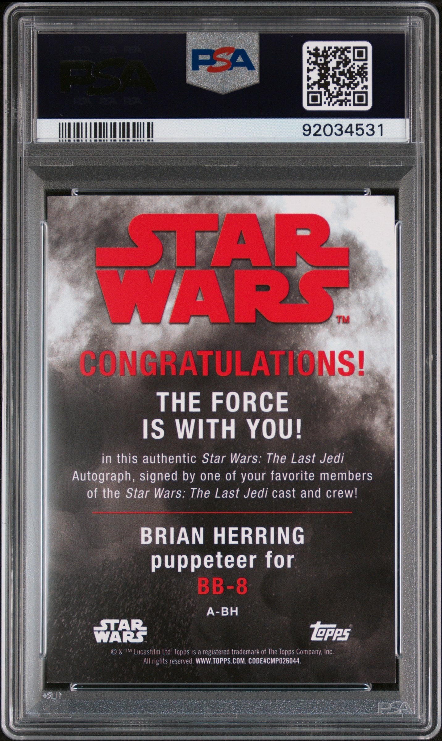 Brian Herring BB-8 2017 Topps Star Wars The Last Jedi Autograph AUTO PSA 10