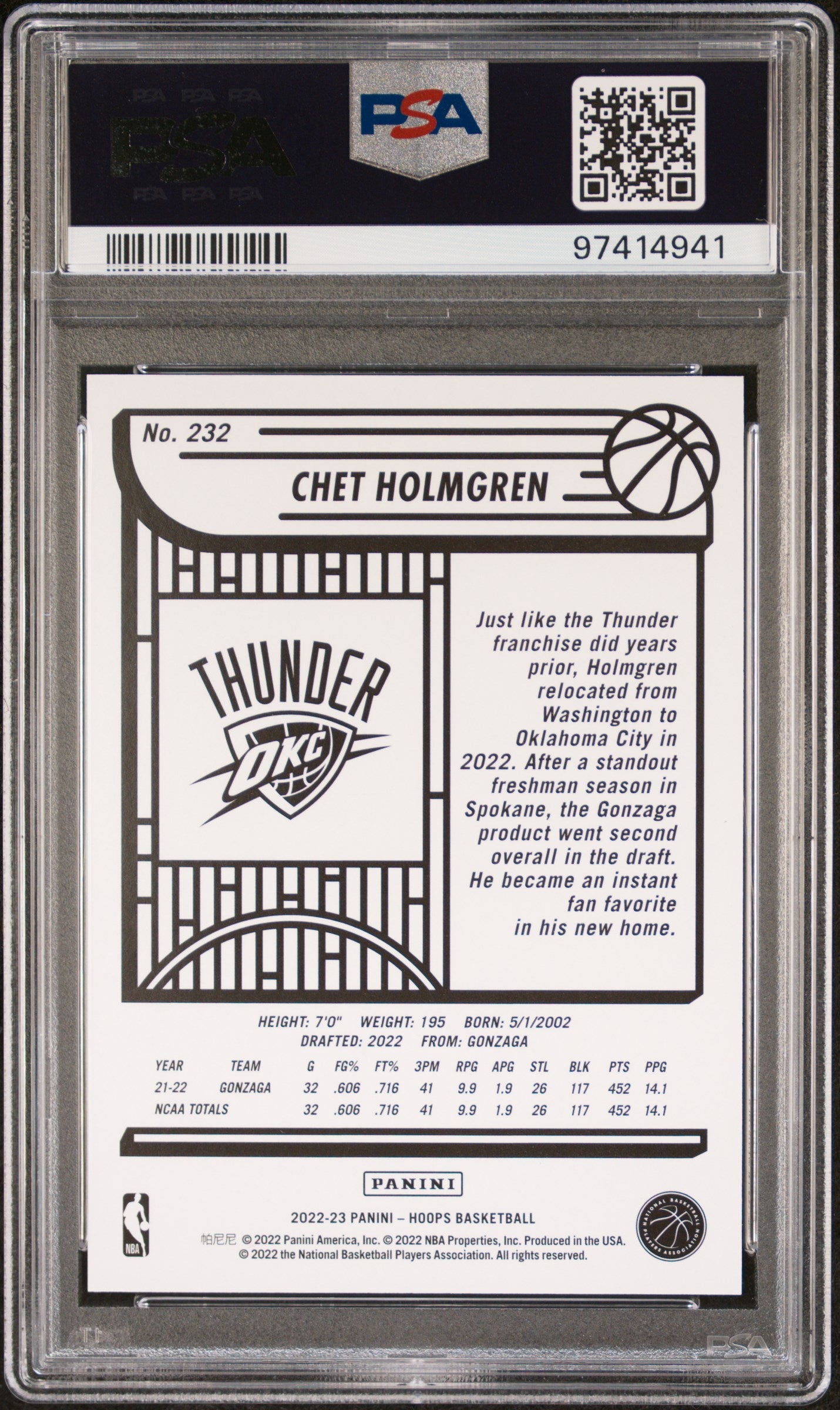 2022-23 Panini NBA Hoops Chet Holmgren #232 Gravity Orange #6/75 PSA 10