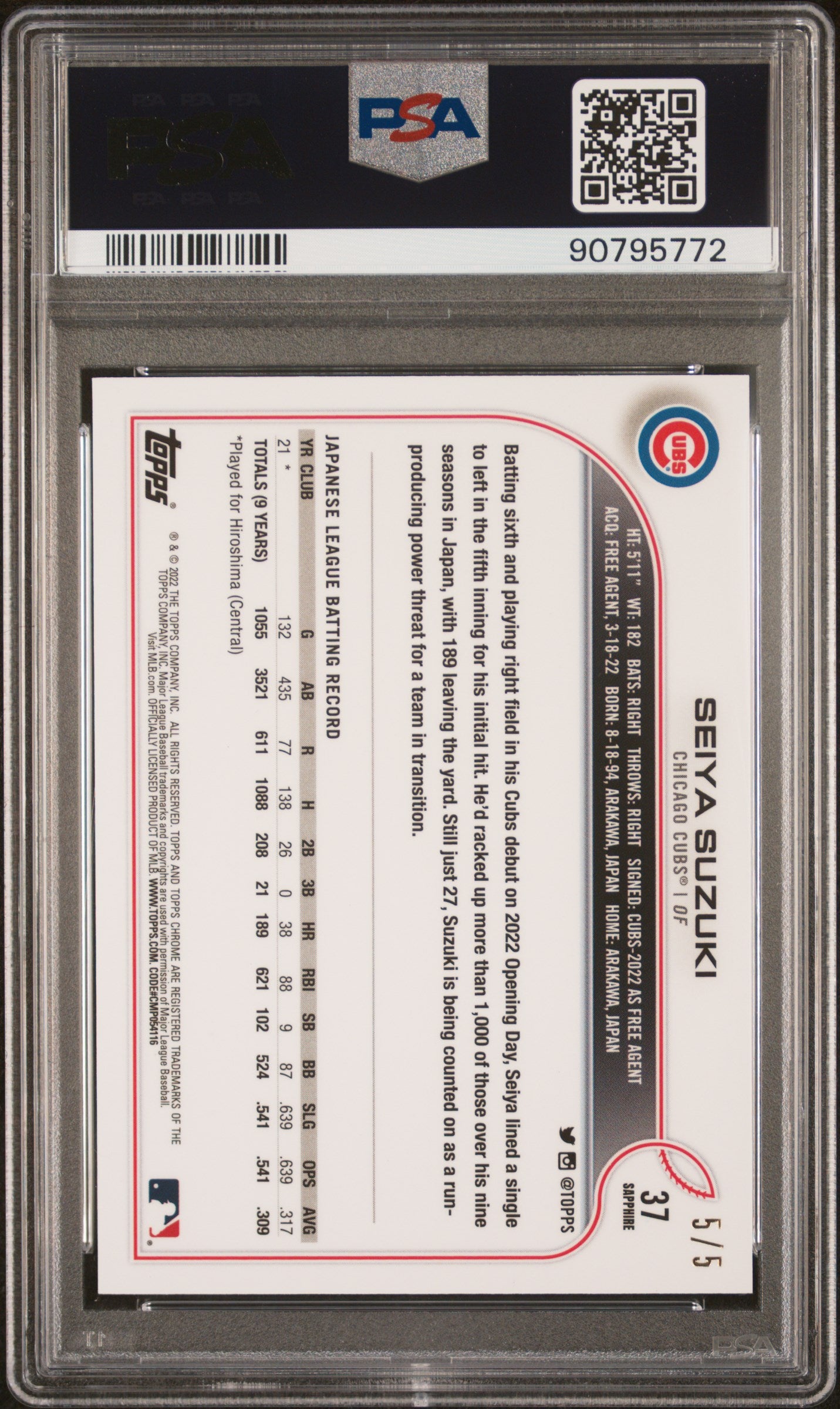 2022 Topps Chrome Sapphire Edition Seiya Suzuki #37 Sapphire Edition Red PSA 10