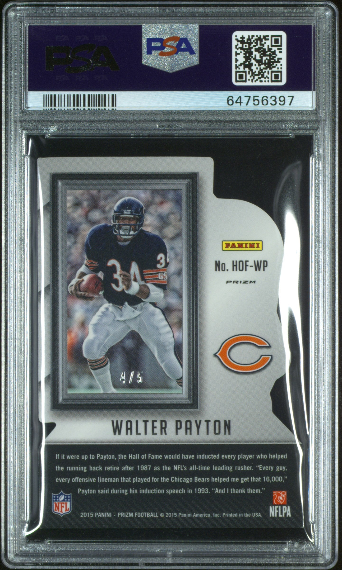 2015 Panini Prizm Hall Of Fame Walter Payton Gold Vinyl Prizm #4/5 PSA 9