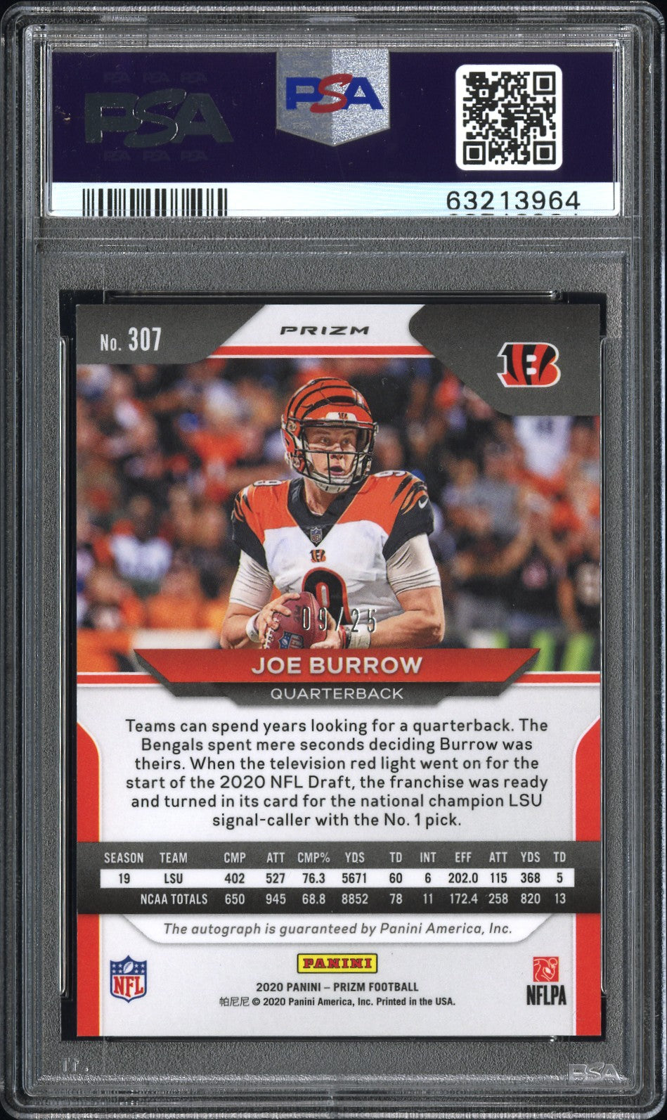 2020 Panini Prizm Joe Burrow #307 Camo Prizm AUTO #9/25 (JERSEY NUMBER) PSA 9