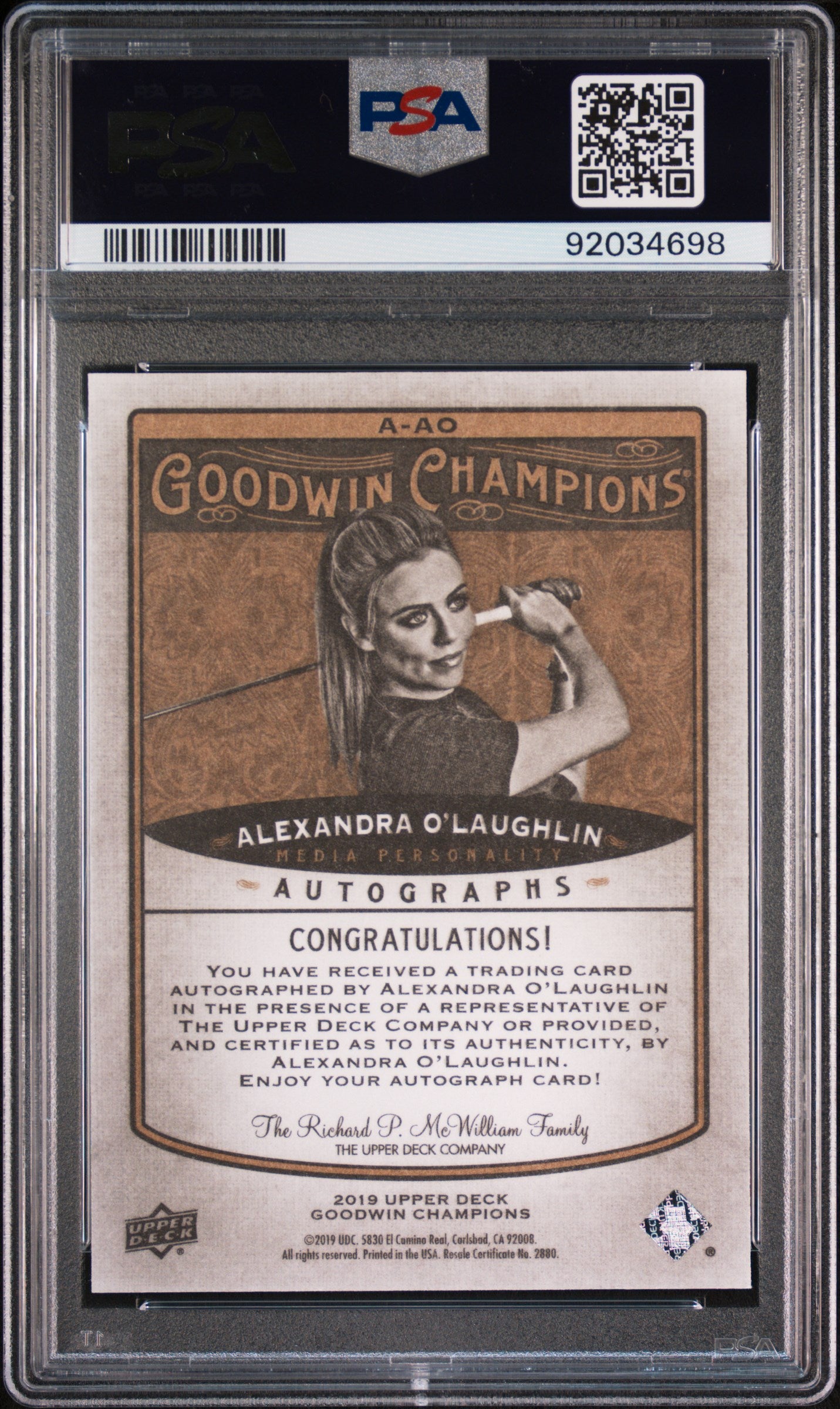 2019 Upper Deck Goodwin Champions Autograph Alexandra O'laughlin AUTO PSA 10