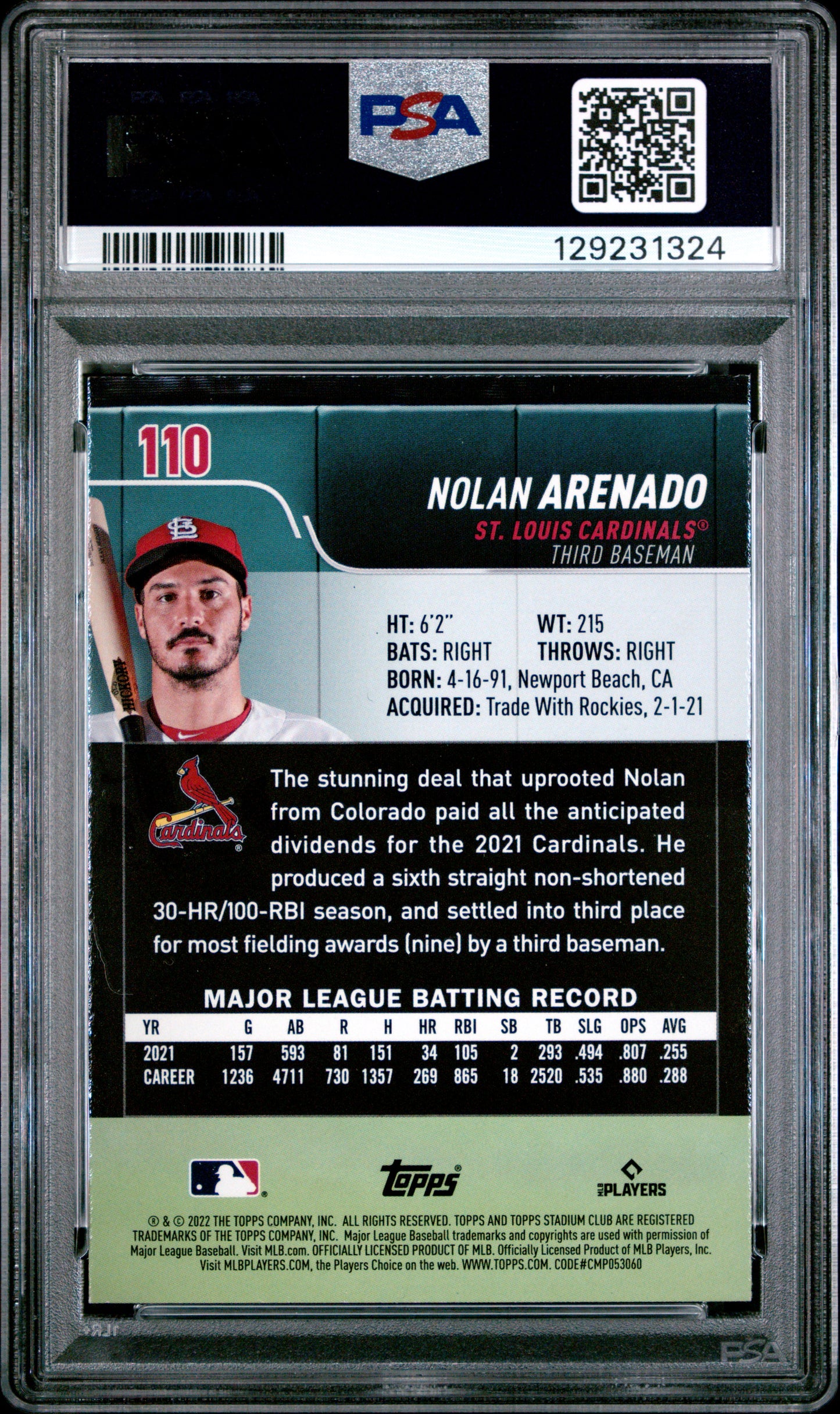 2022 Topps Stadium Club Nolan Arenado #110 Members Only PSA 9 POP 1