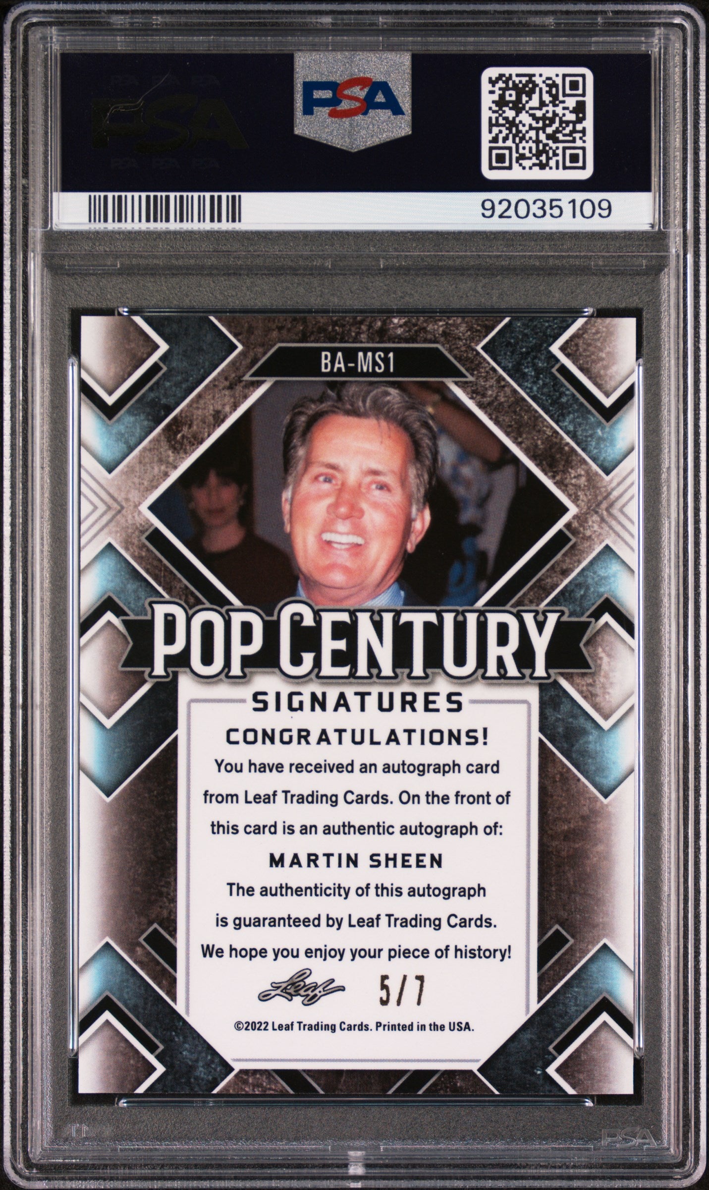 Martin Sheen 2022 Leaf Metal Pop Century Autograph AUTO #5/7  Purple Wave PSA 10