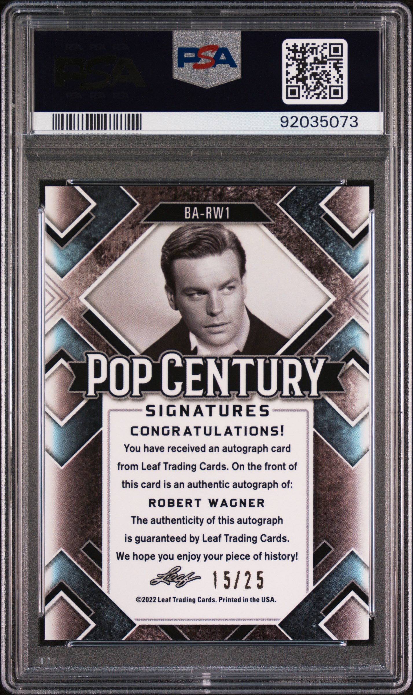 Robert Wagner 2022 Leaf Metal Pop Century Autographs Auto Blue #15/25 PSA 9