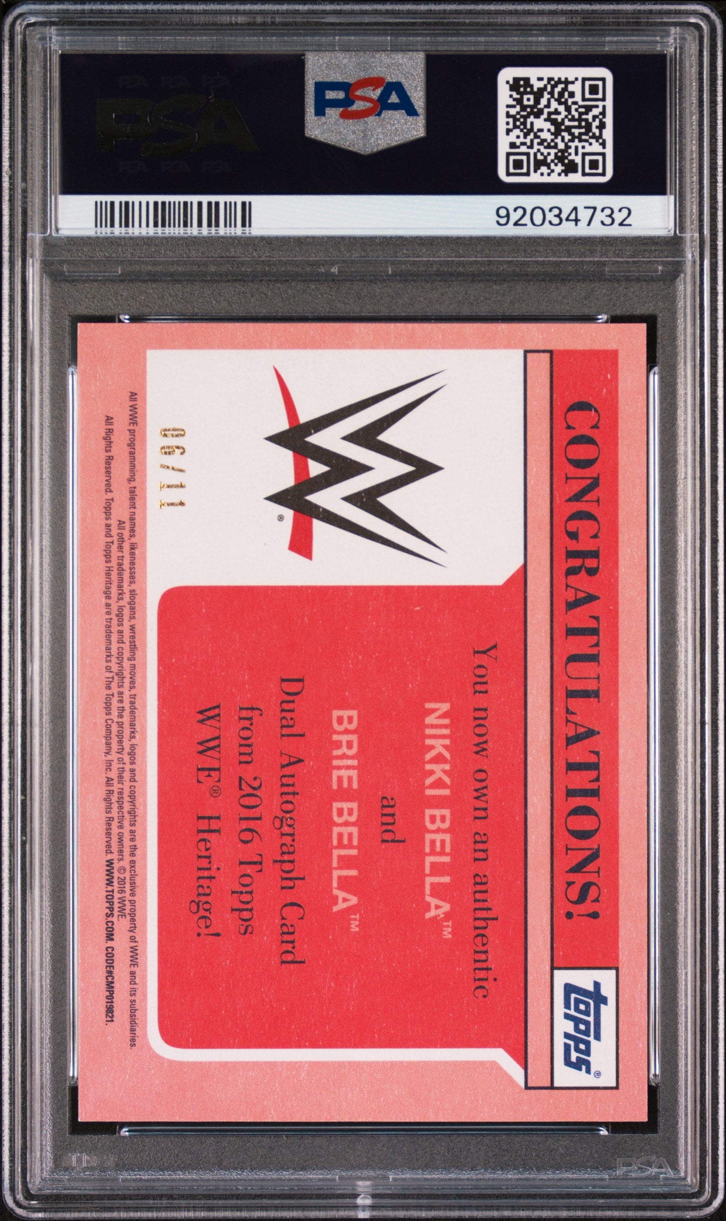 2016 Topps WWE Heritage Dual AUTO Brie Bella Nikki Bella Dual #6/11 PSA 10 POP 1