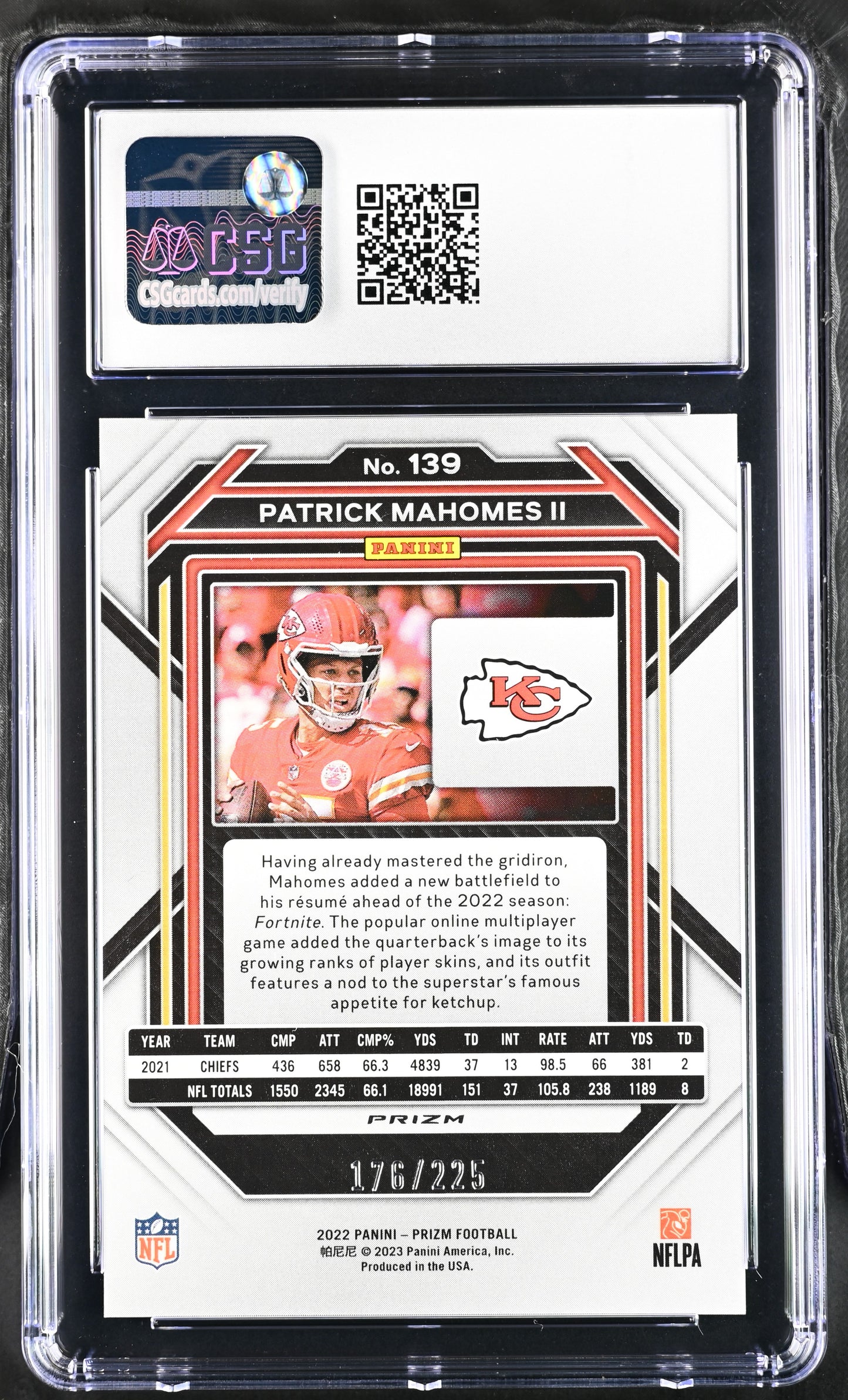 2022 Panini Prizm Patrick Mahomes II #139 Purple Ice CGC 9.5 /225 POP 1