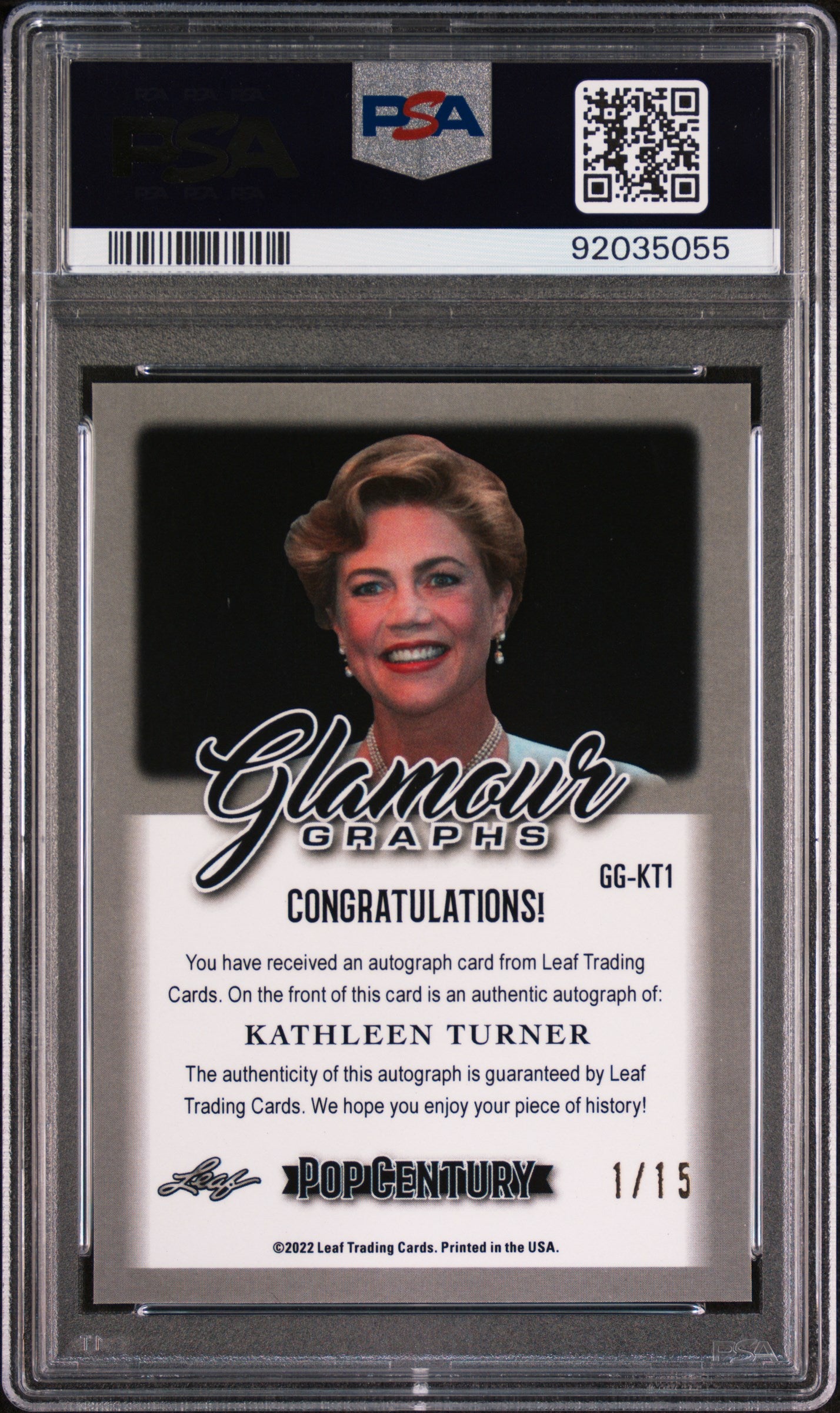 Kathleen Turner 2022 Leaf Metal Pop Century Glamour Graphs Blue AUTO #1/15 PSA 9