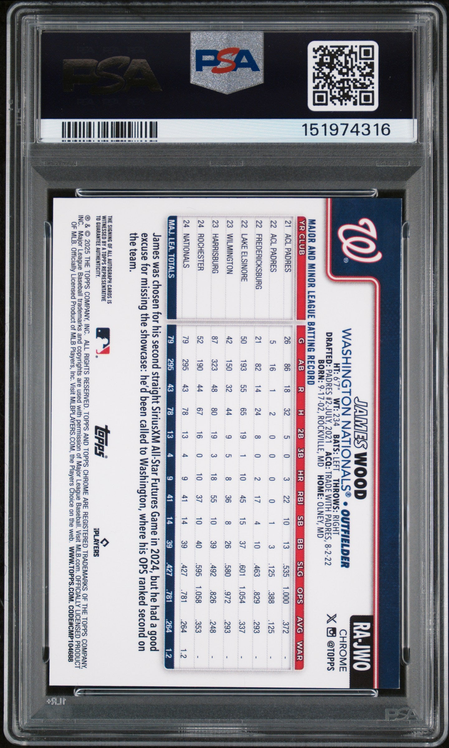 2025 Topps Chrome Rookie AUTO James Wood Black Red Lava Lamp #8/8 PSA 9 POP 1