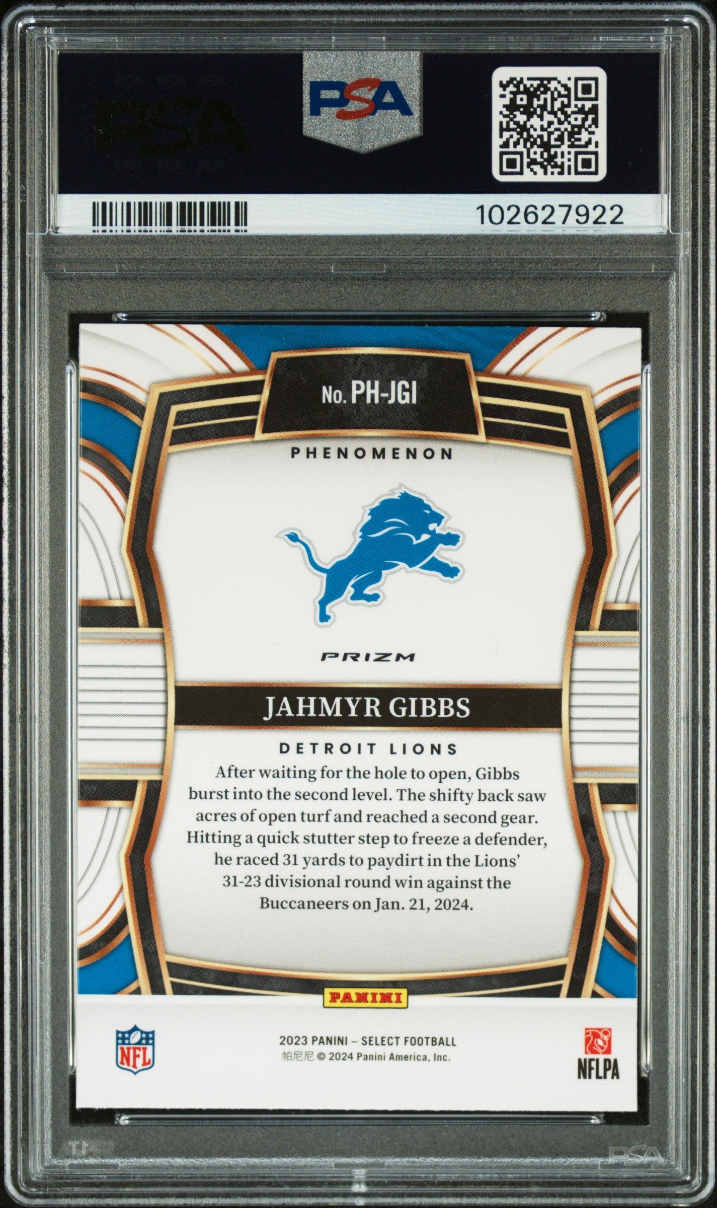 2023 Panini Select Phenomenon Jahmyr Gibbs #PHJGI Zebra Prizm PSA 9