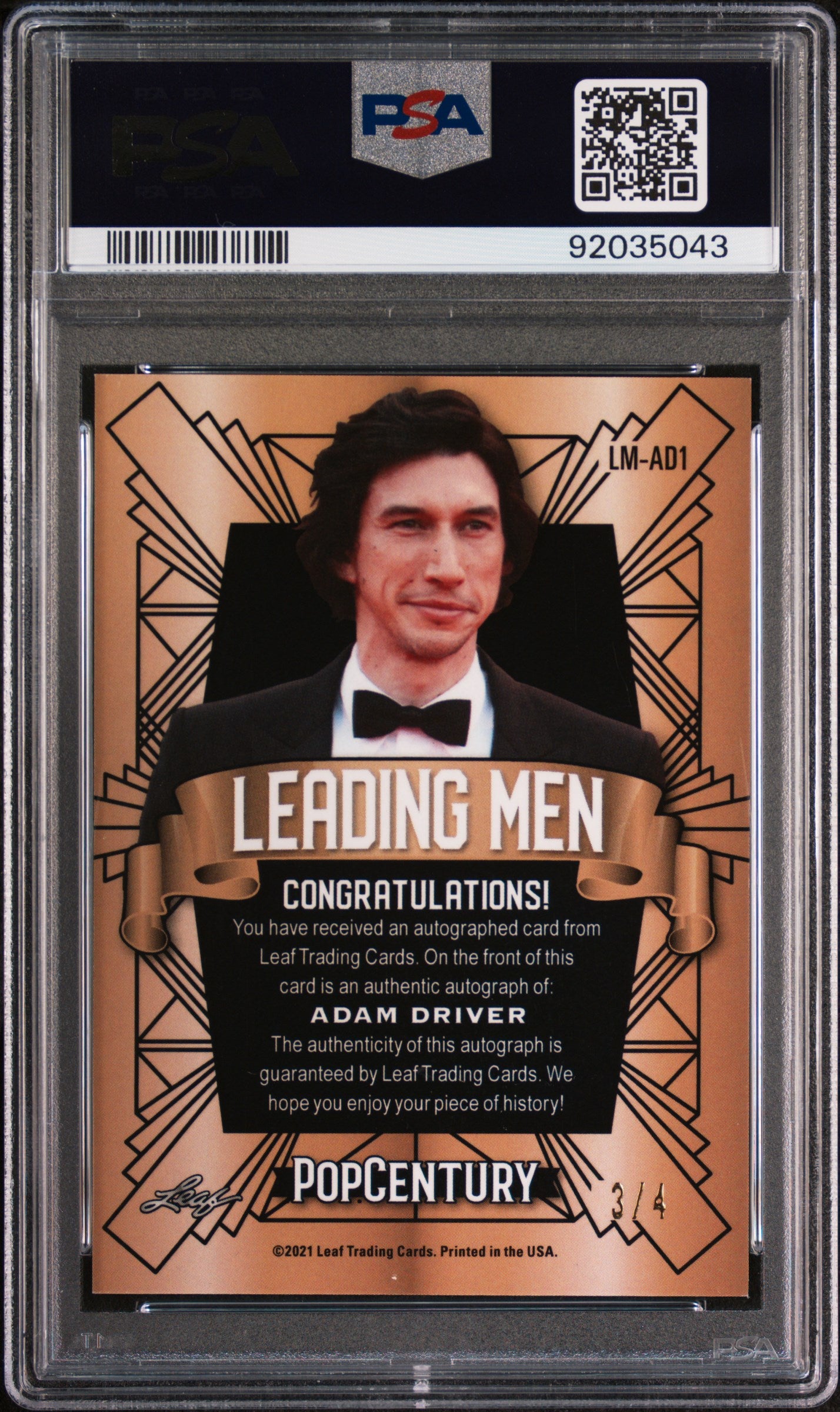 Adam Driver 2021 Leaf Metal Pop Century Leading Men AUTO #3/4 Green PSA 10