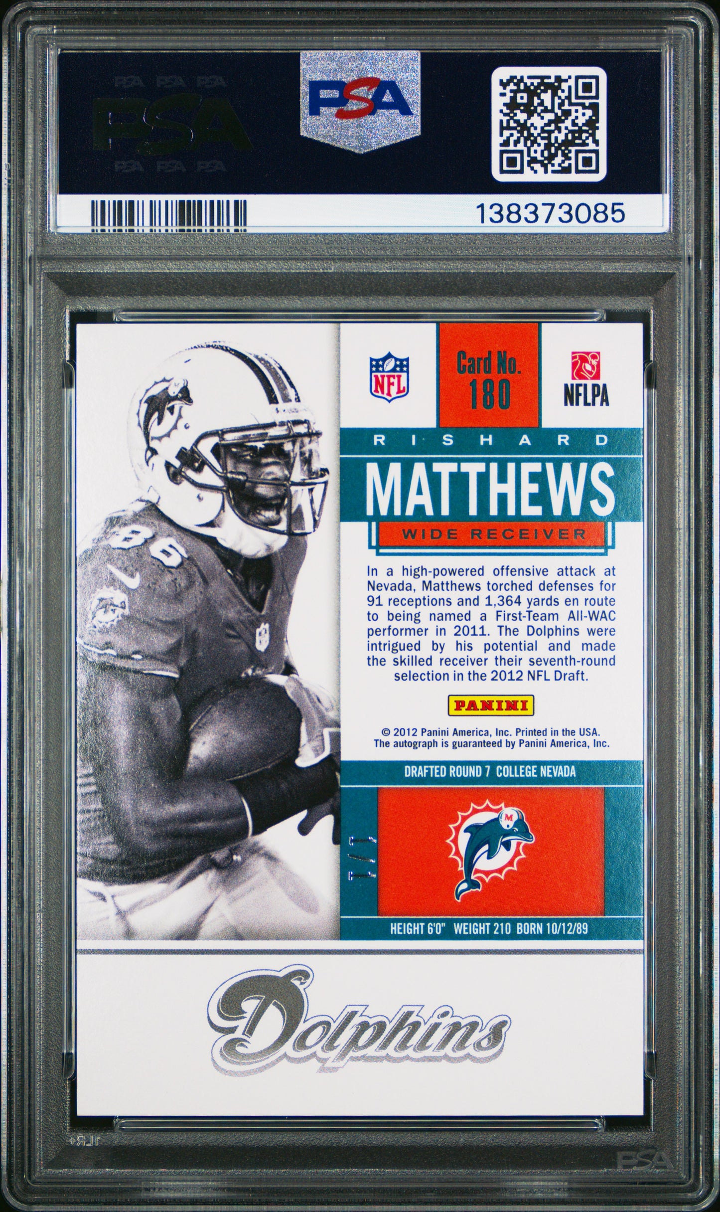 2012 Panini Contenders Rishard Matthews #180 Auto Championship Ticket #1/1 PSA 9