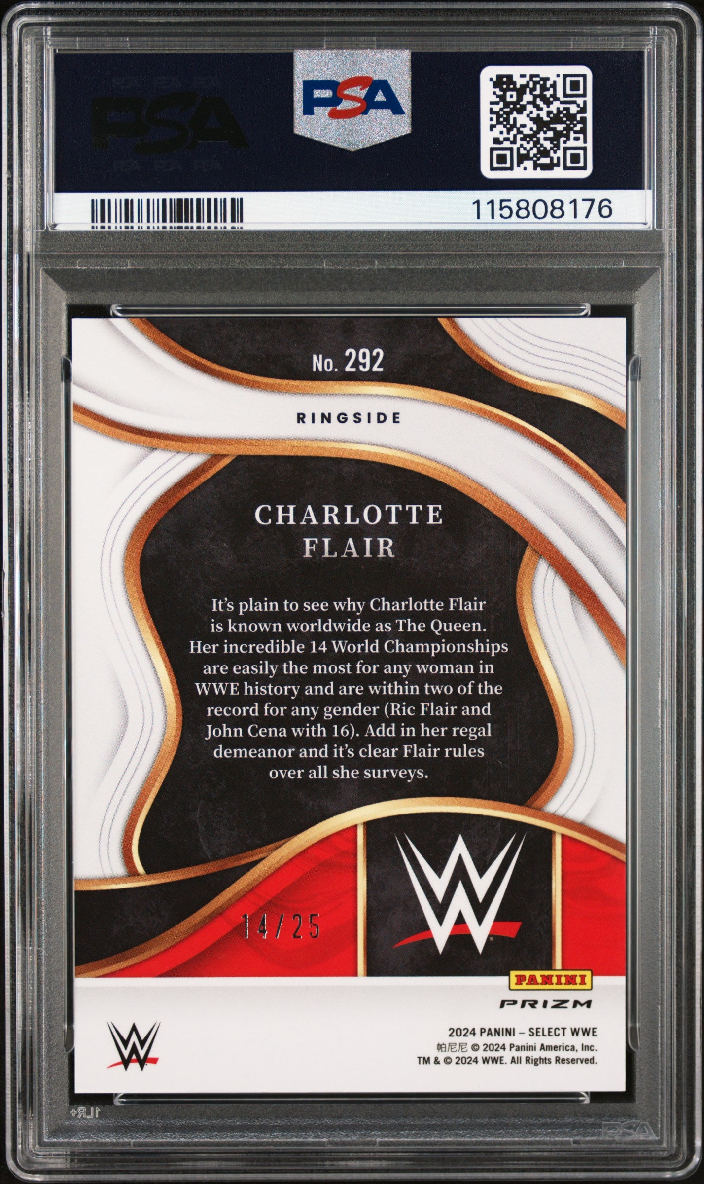 2024 Panini Select WWE Charlotte Flair Ringside #292 Tie Dye Prizm #/25 PSA 10