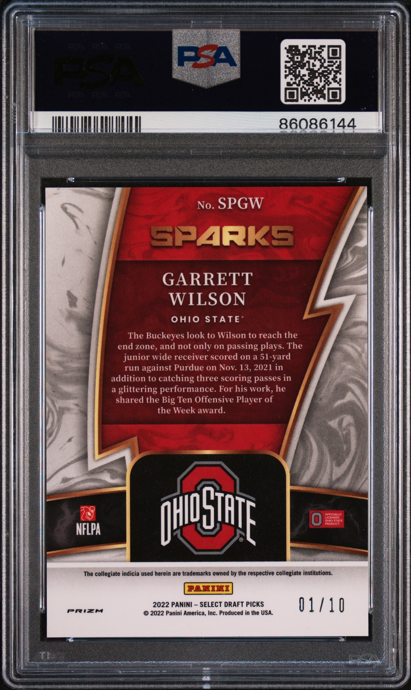 2022 Panini Select Draft Picks Sparks Garrett Wilson #1/10 Gold Prizm PSA 10