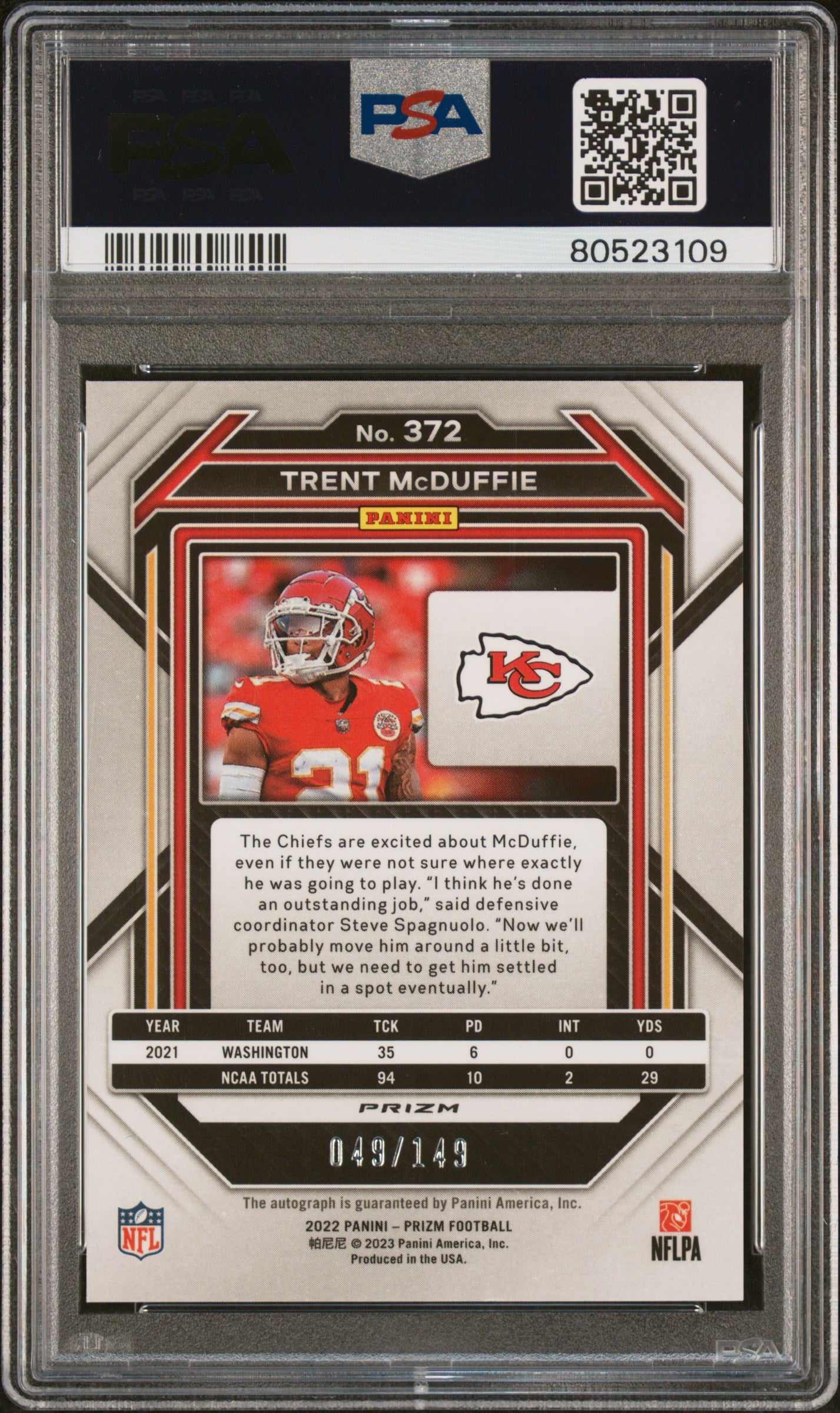 2022 Panini Prizm Trent Mcduffie #372 Autograph Red Wave #/149 AUTO PSA 10