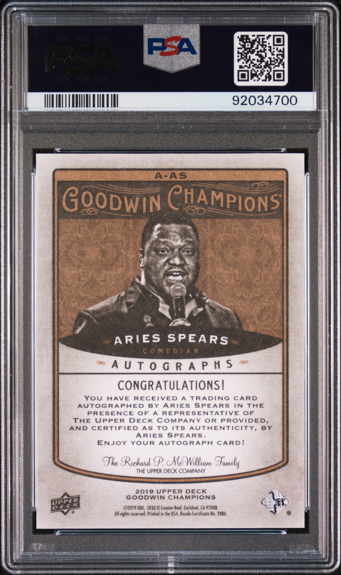 2019 Upper Deck Goodwin Champions Autograph Aries Spears #A-AS AUTO PSA 10