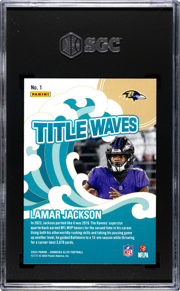 2024 Panini Elite Lamar Jackson #1 Title Waves Green SGC 10 POP 2