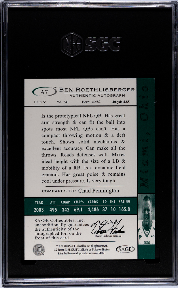 2004 Sage Hit Ben Roethlisberger #A7 Auto Gold #/250 SGC 9 POP 3