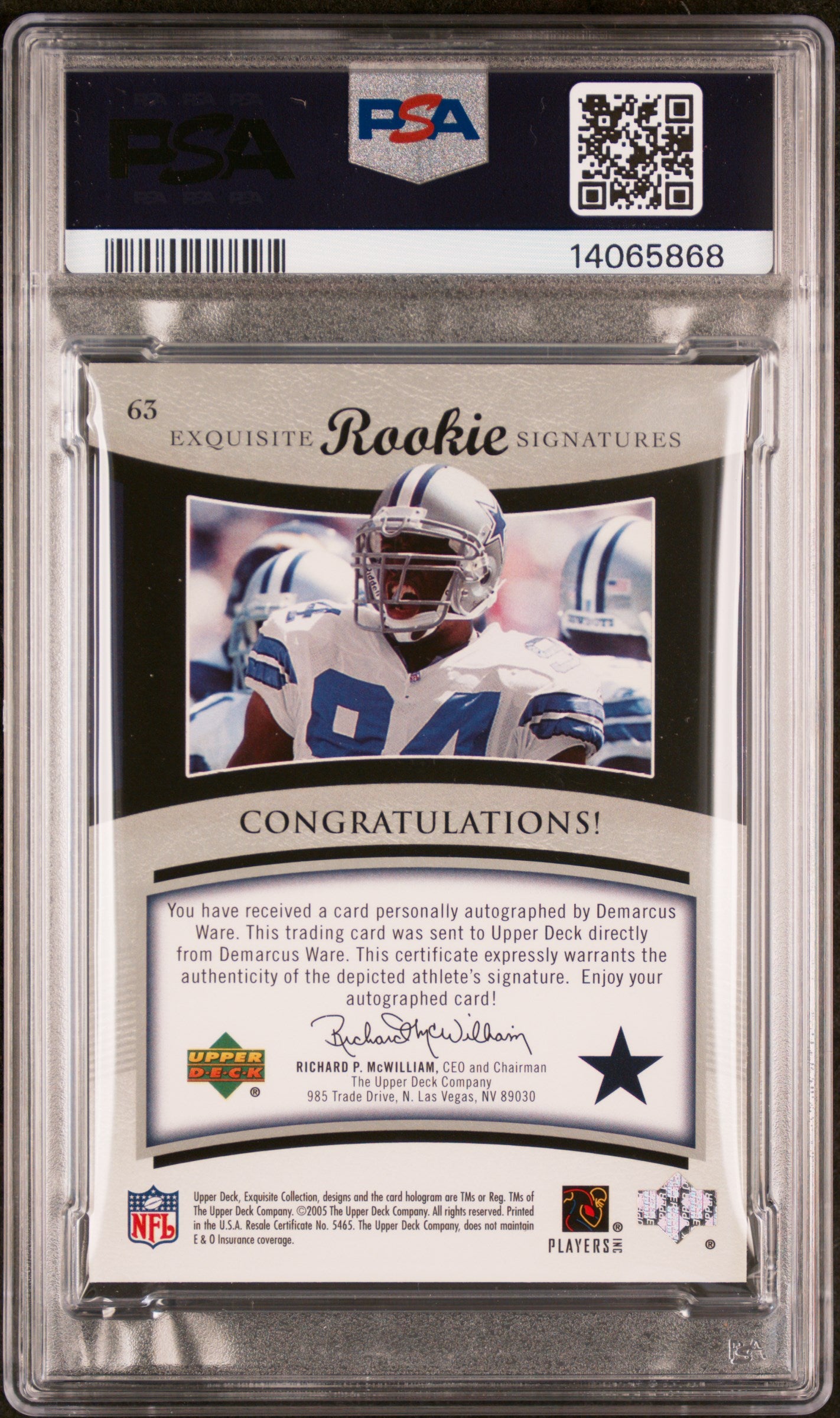 2005 UD Exquisite Collection DeMarcus Ware Rookie Patch AUTO RPA #/150 PSA 10