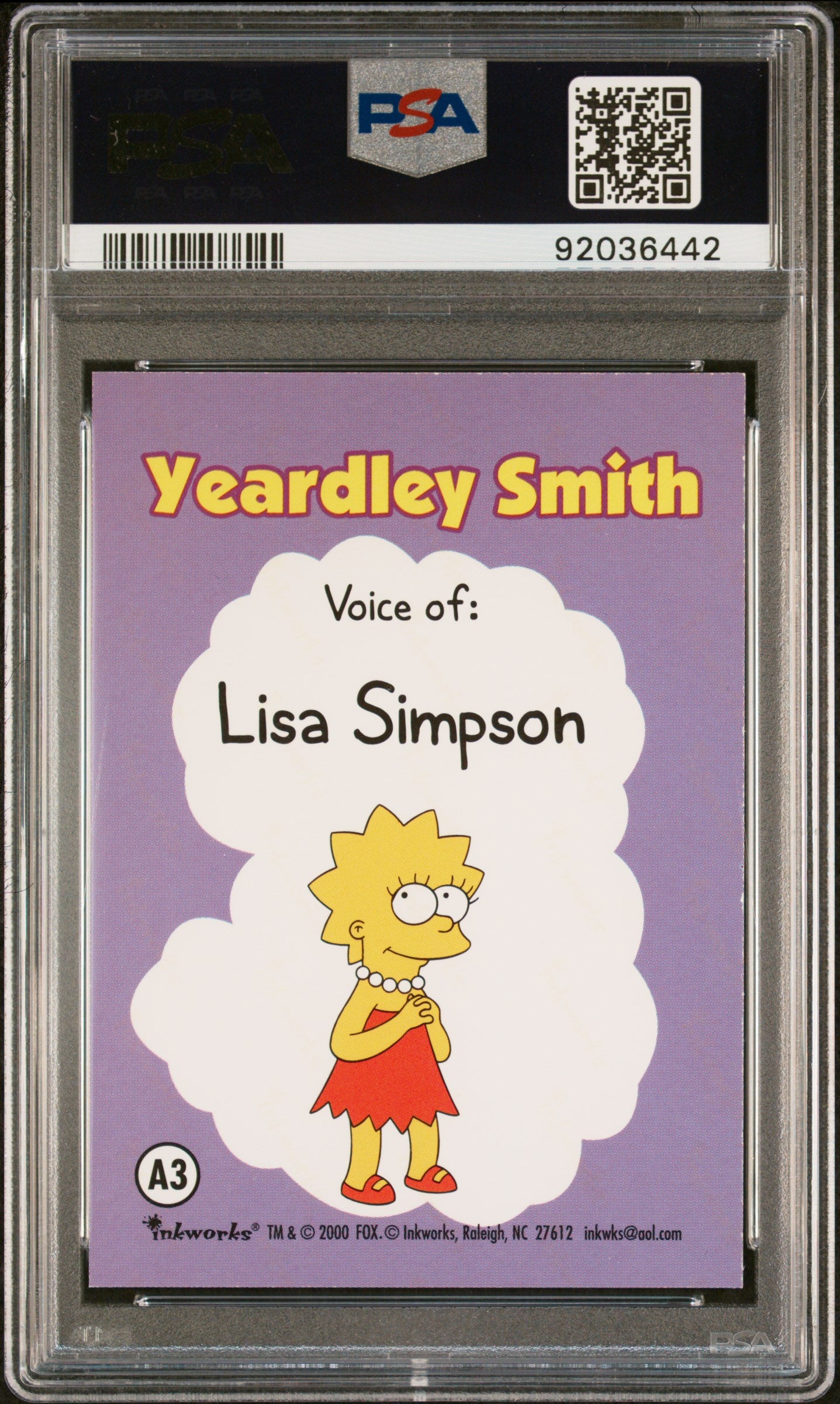 Yeardley Smith Lisa Simpson 2000 Inkworks Simpsons 10th Anniversary AUTO PSA 8