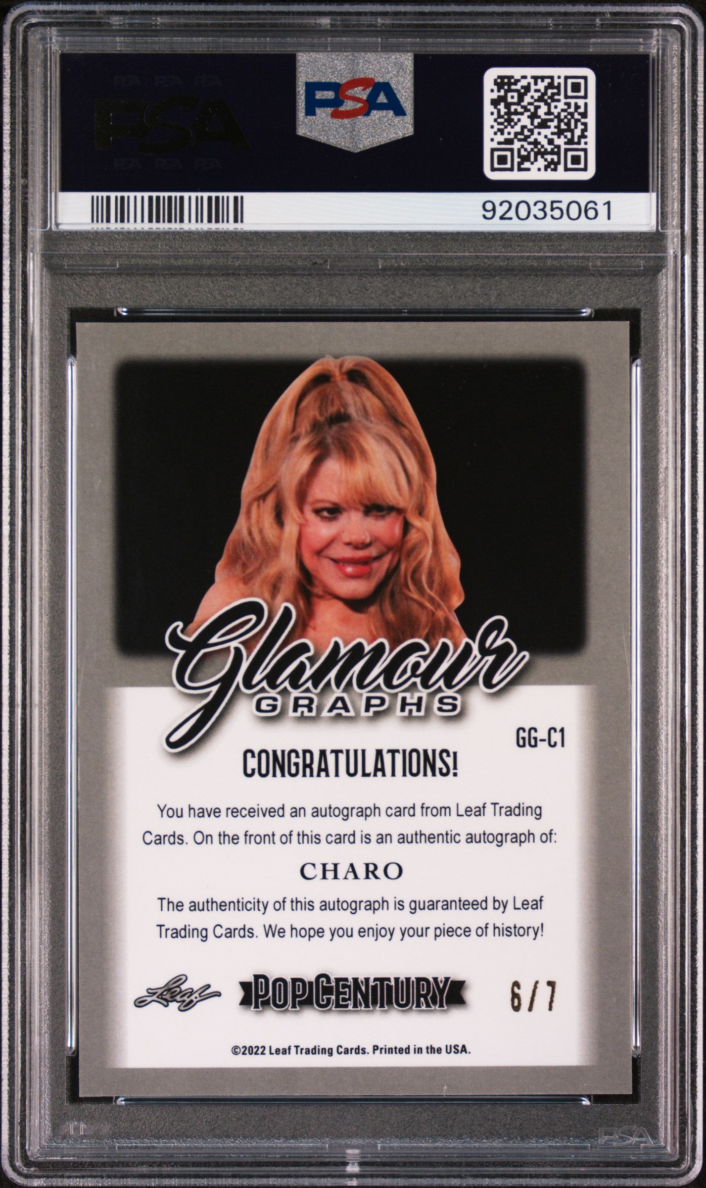 Charo 2022 Leaf Metal Pop Century Glamour Graphs AUTO #6/7 Black Crystal PSA 9