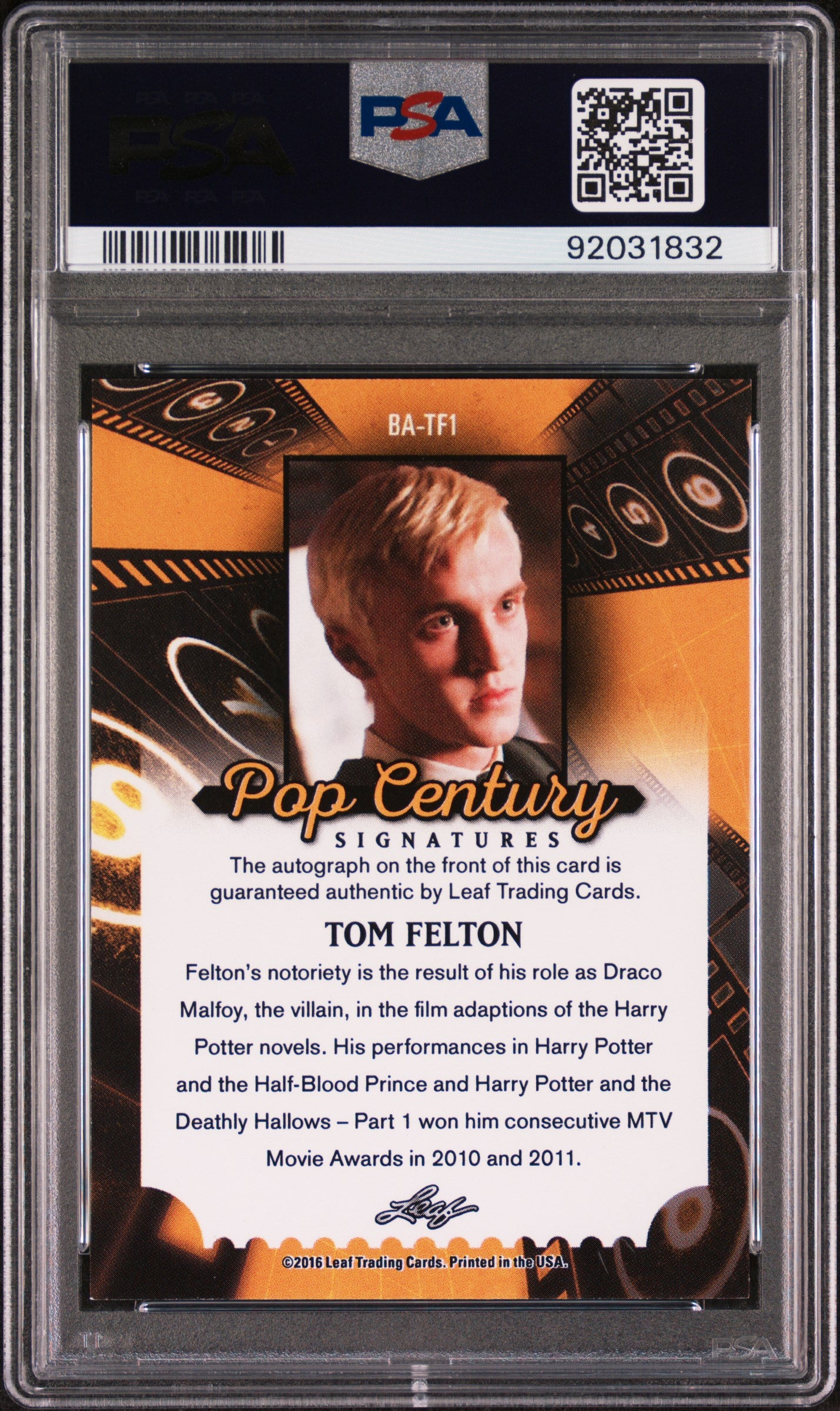 Tom Felton DRACO MALFOY HARRY POTTER 2016 Leaf Pop Century AUTO PSA 9