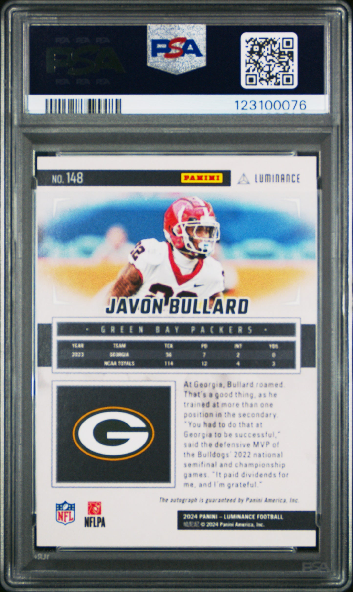 2024 Panini Luminance Javon Bullard #148 AUTO Vivid #6/10 PSA 10 Packers GEORGIA