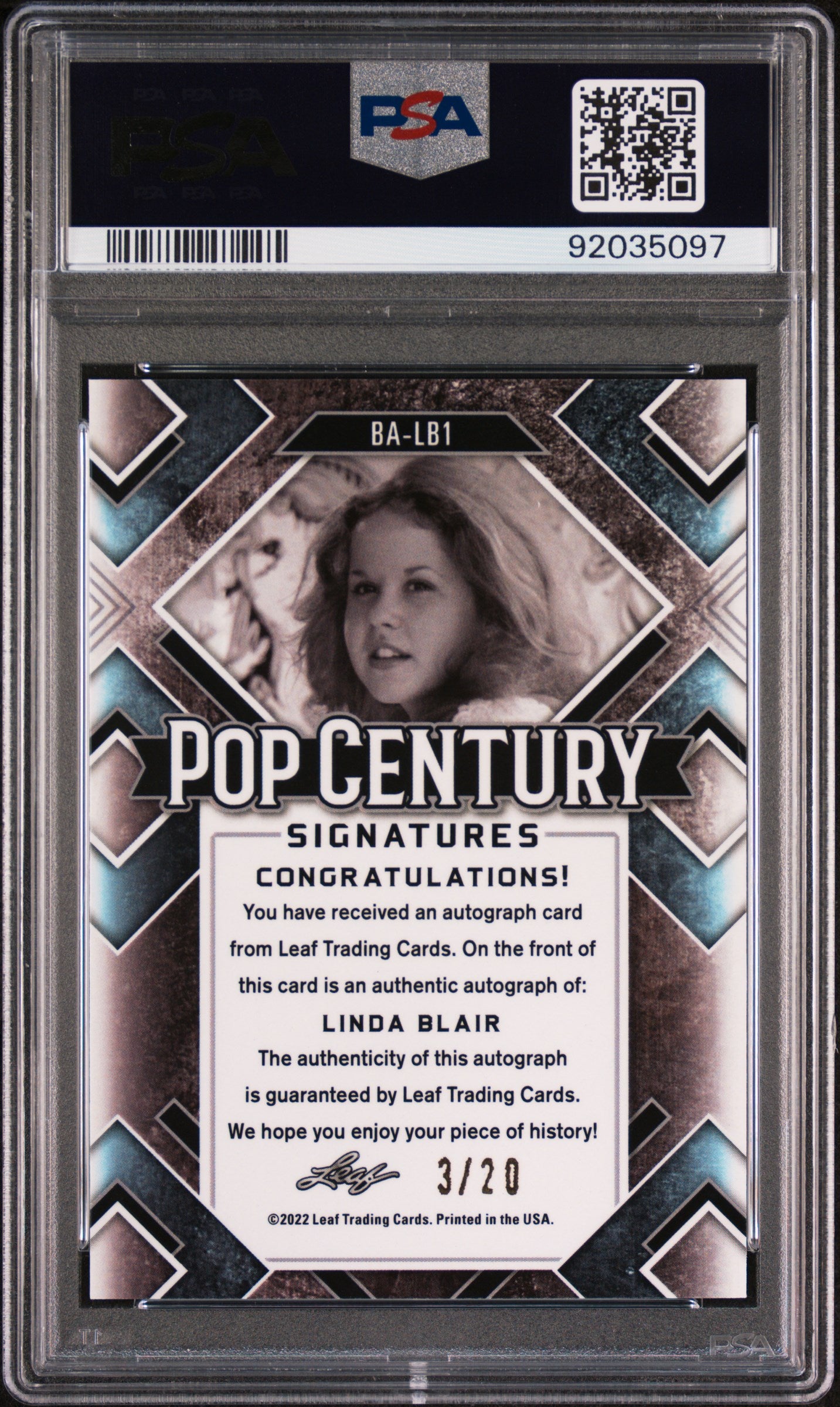 Linda Blair 2022 Leaf Metal Pop Century Autograph AUTO #3/20 Blue Wave PSA 9