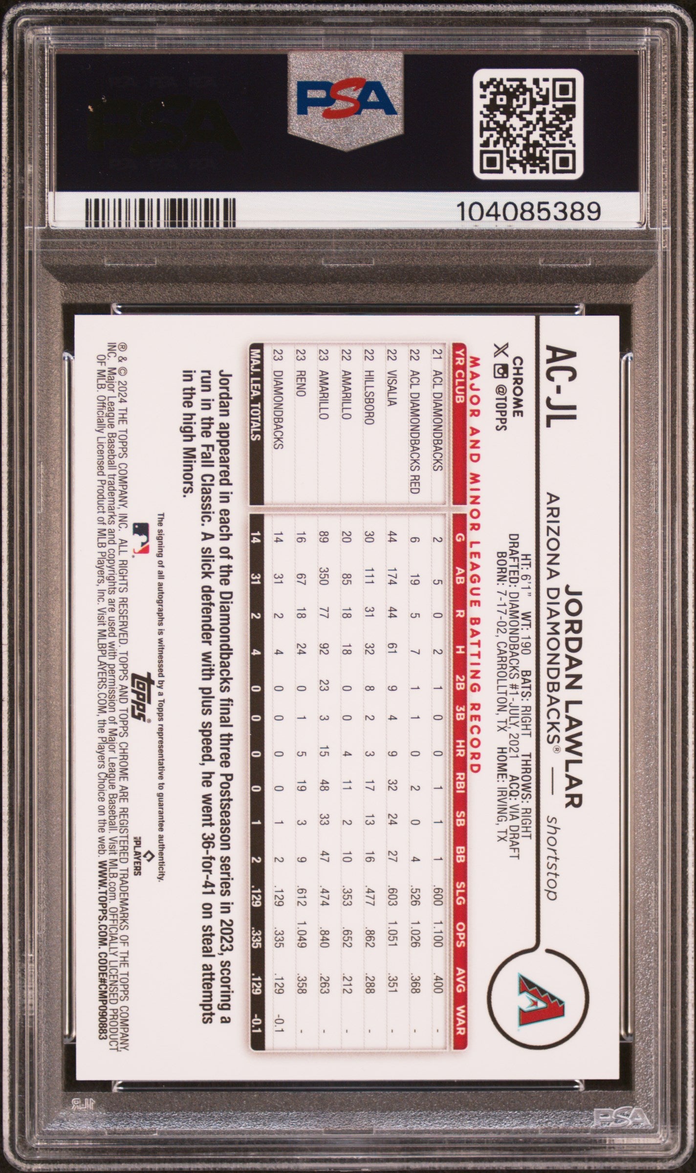 2024 Topps Chrome Update AUTO Jordan Lawlar #ACJL Aqua Wave /299 PSA 10
