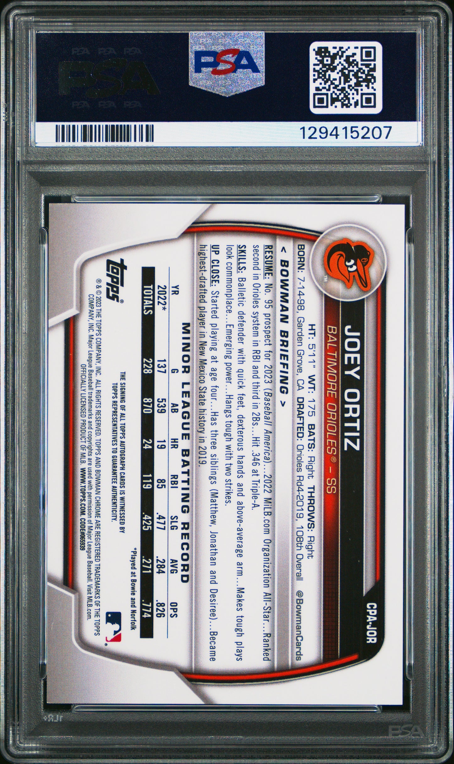 2023 Bowman Chrome Prospect Auto Joey Ortiz Atomic Ref 039/100 PSA 10 pop 11