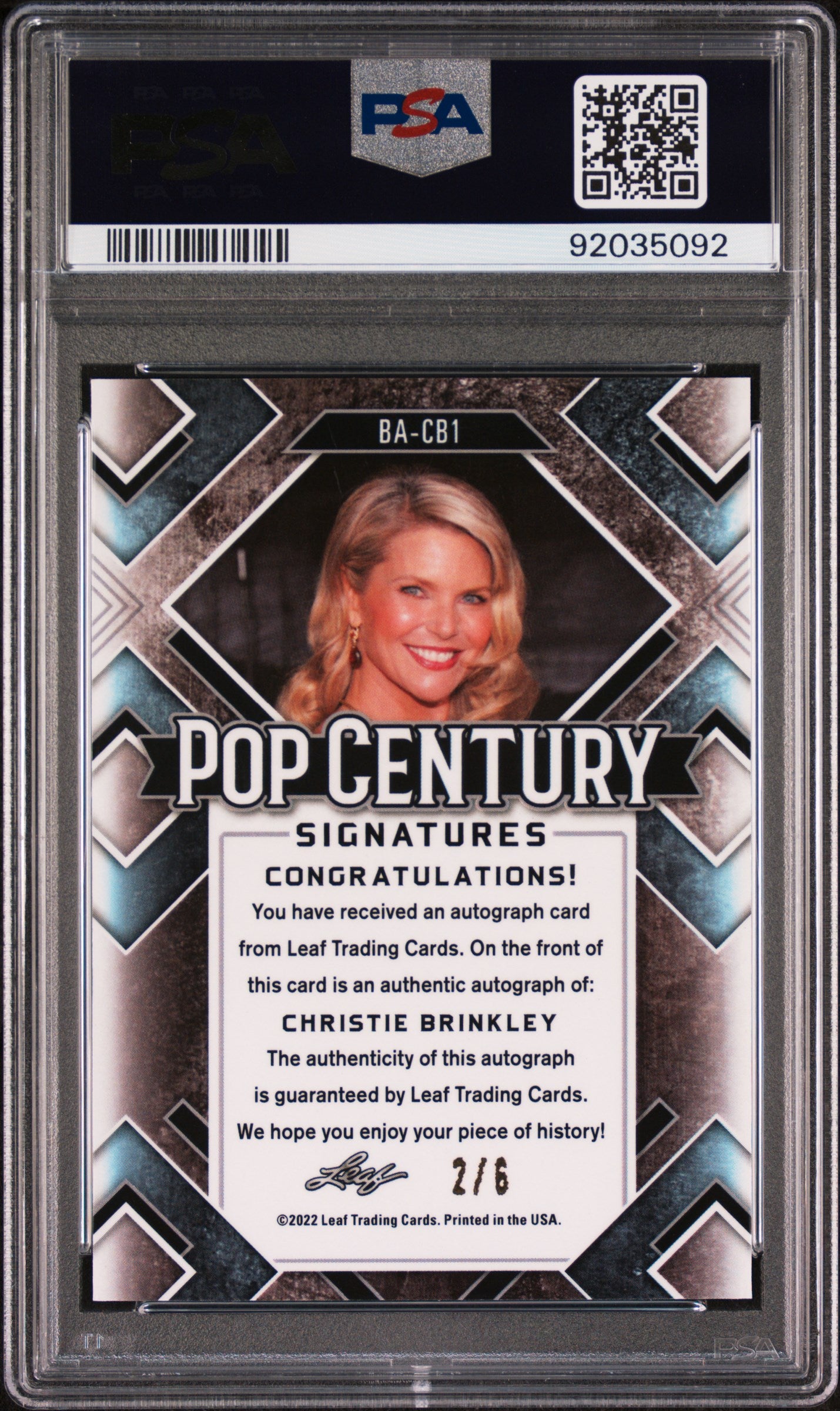 Christie Brinkley 2022 Leaf Metal Pop Century AUTO #2/6 Purple Mojo PSA 10