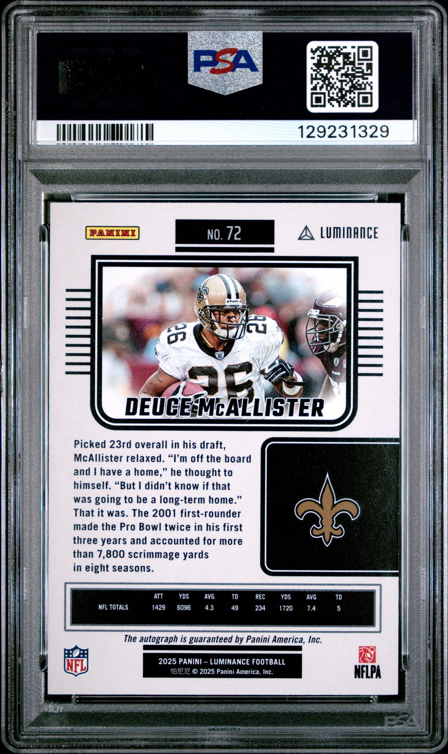 2025 Panini Luminance Deuce Mcallister #72 Auto PSA 9 POP 1