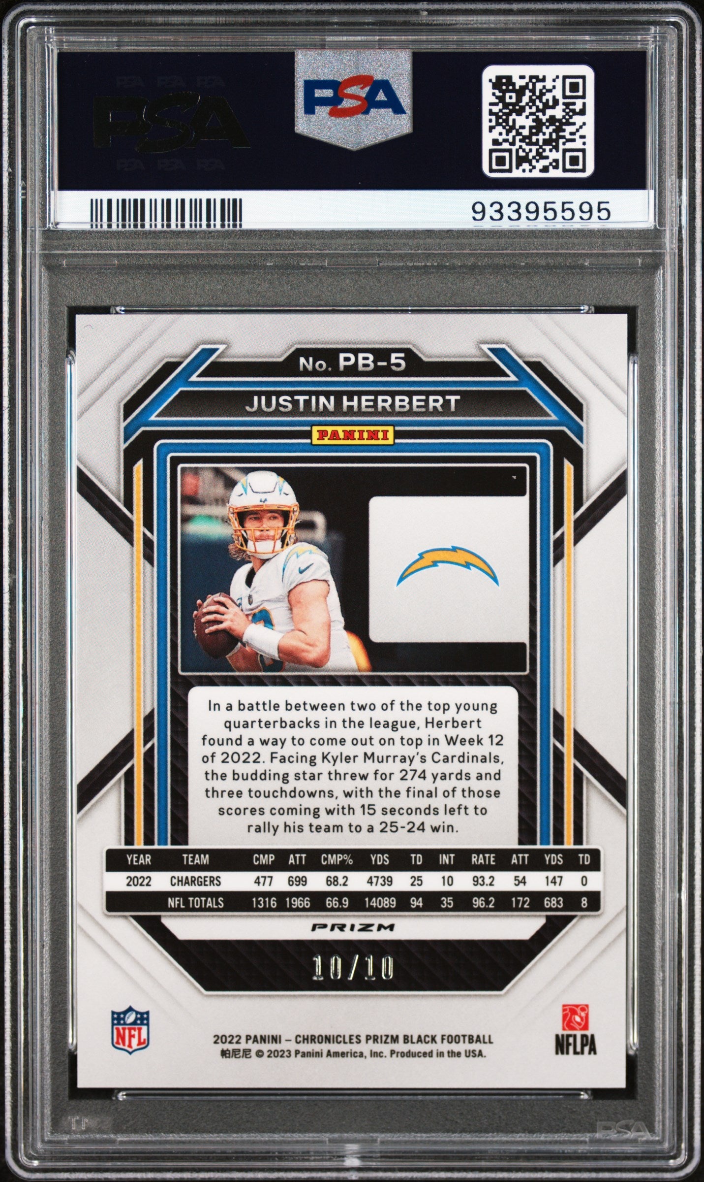 2022 Panini Chronicles Prizm Black Justin Herbert #PB5 Rookie Gold #10/10 PSA 10