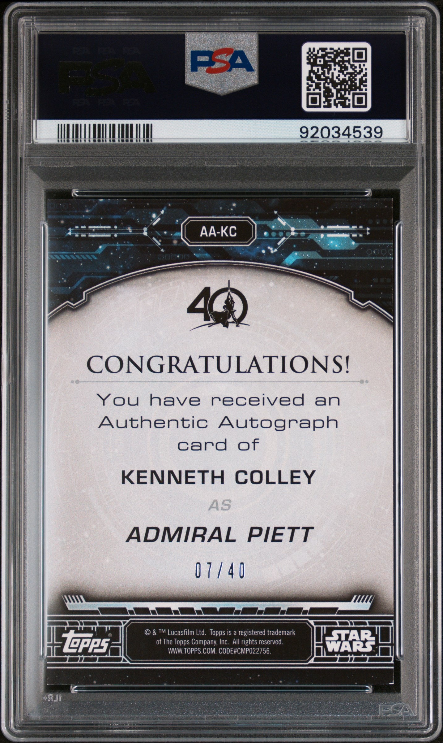 Kenneth Colley ADMIRAL PIETT2017 Topps Star Wars 40th Anniversary AUTO /40 PSA 9