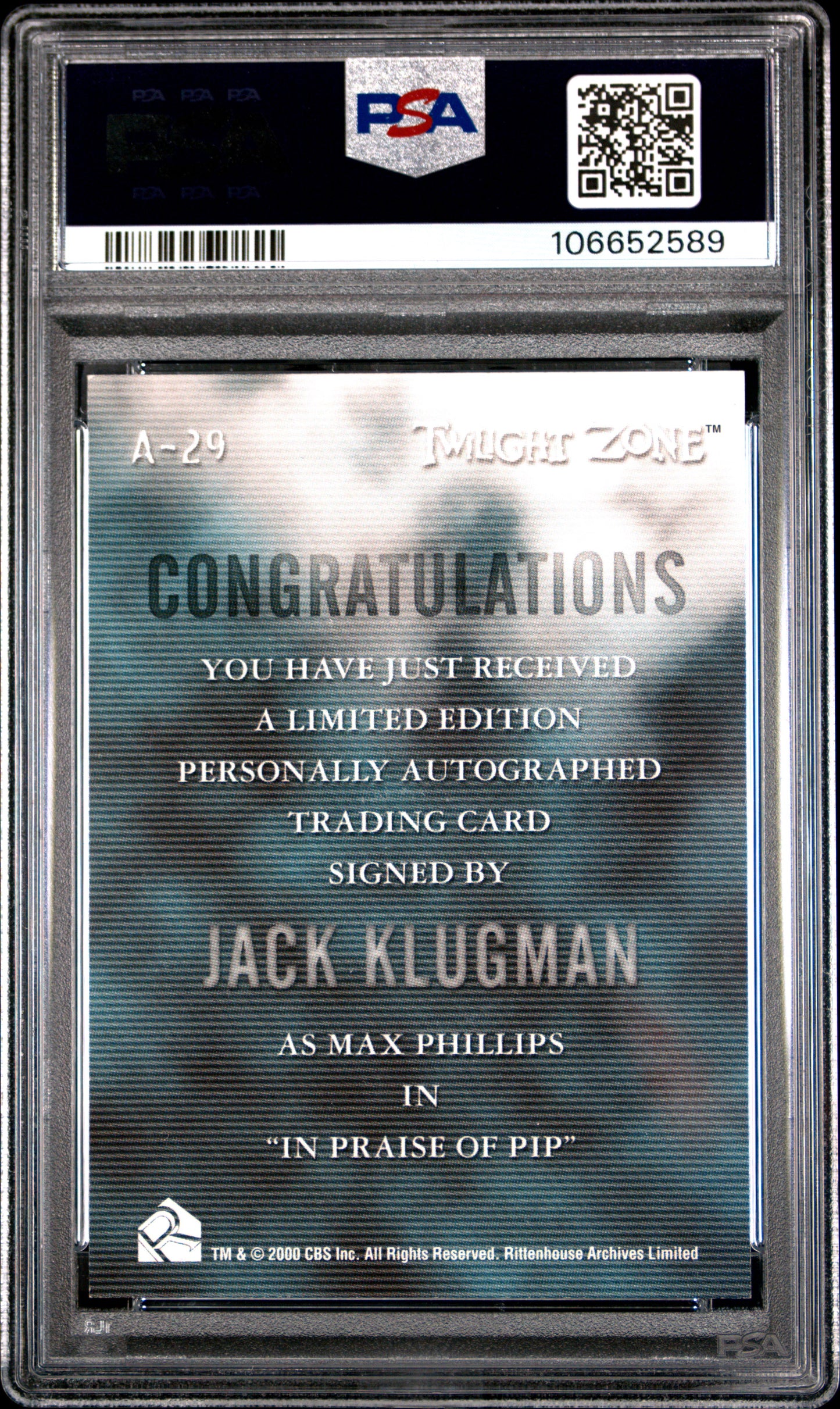 Jack Klugman 2000 Rittenhouse Twilight Zone AUTO In "Praise Of Pip" PSA 9