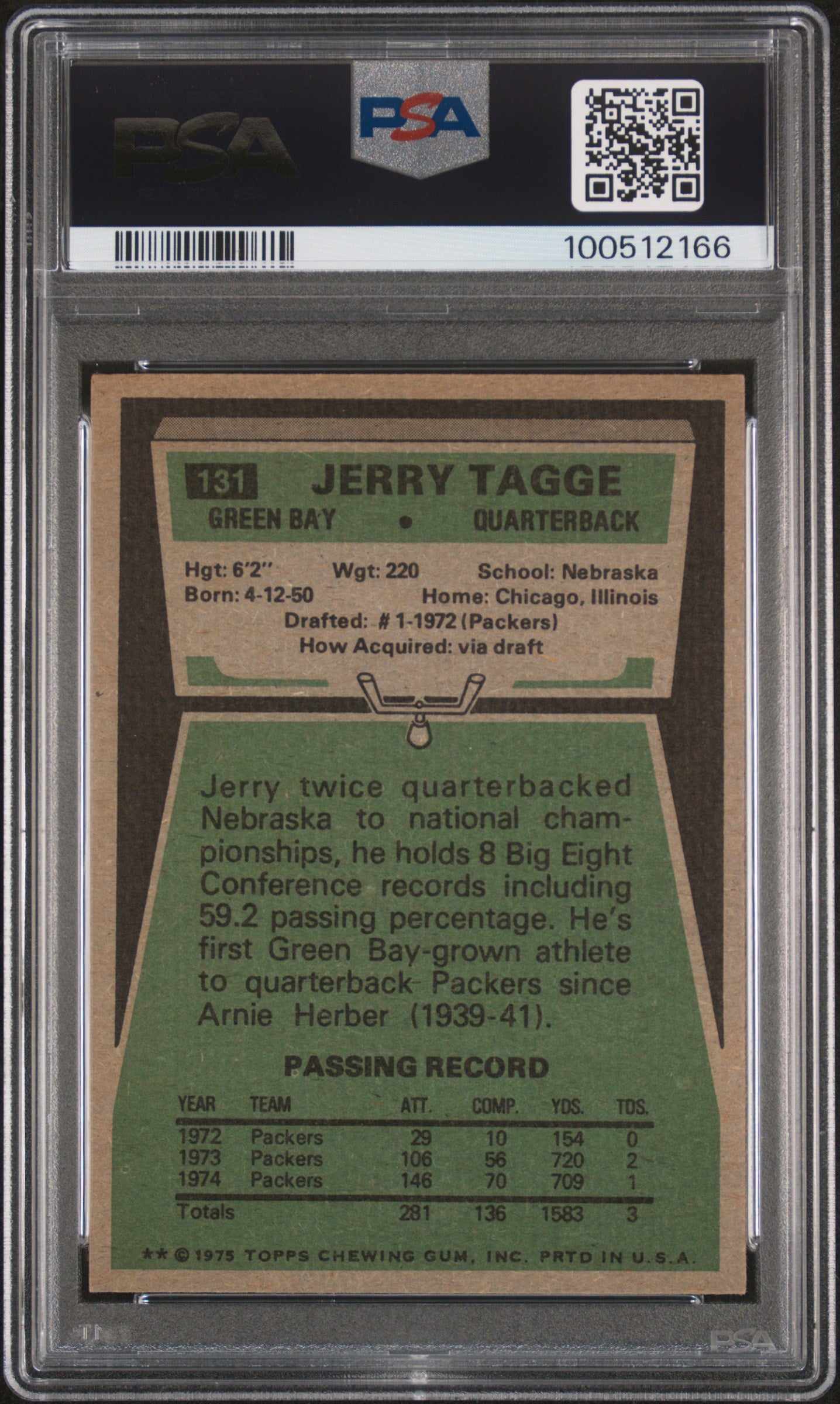 1975 Topps Jerry Tagge #131 PSA DNA Authentic SIGNED Autograph