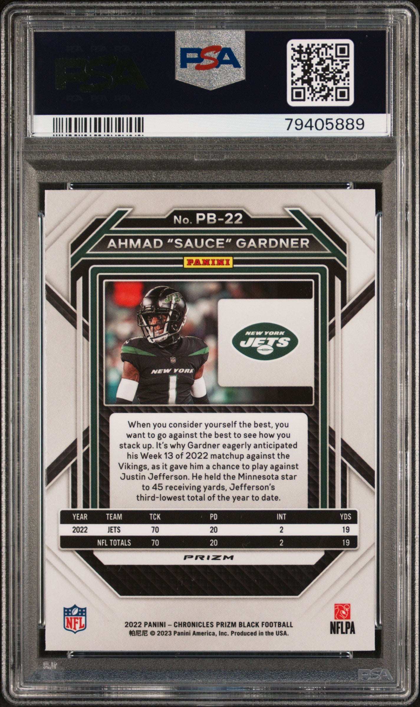 2022 Panini Chronicles Prizm Black Silver Rookie Ahmad "sauce" Gardner PSA 10