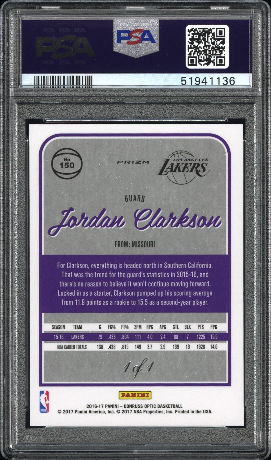 2016-17 Panini Donruss Optic Jordan Clarkson #150 Black #1/1 PSA 9 Lakers