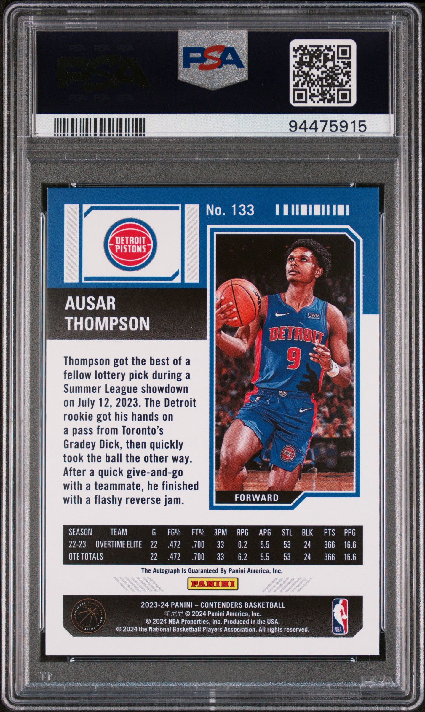 2023-24 Panini Contenders Ausar Thompson #133 AUTO Rookie Ticket PSA 9