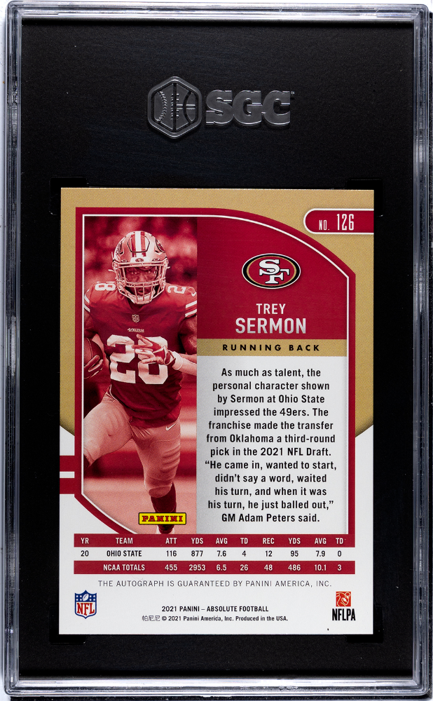 2021 Panini Absolute Trey Sermon #126 Gold Stars #2/10 AUTO SGC 10 POP 1