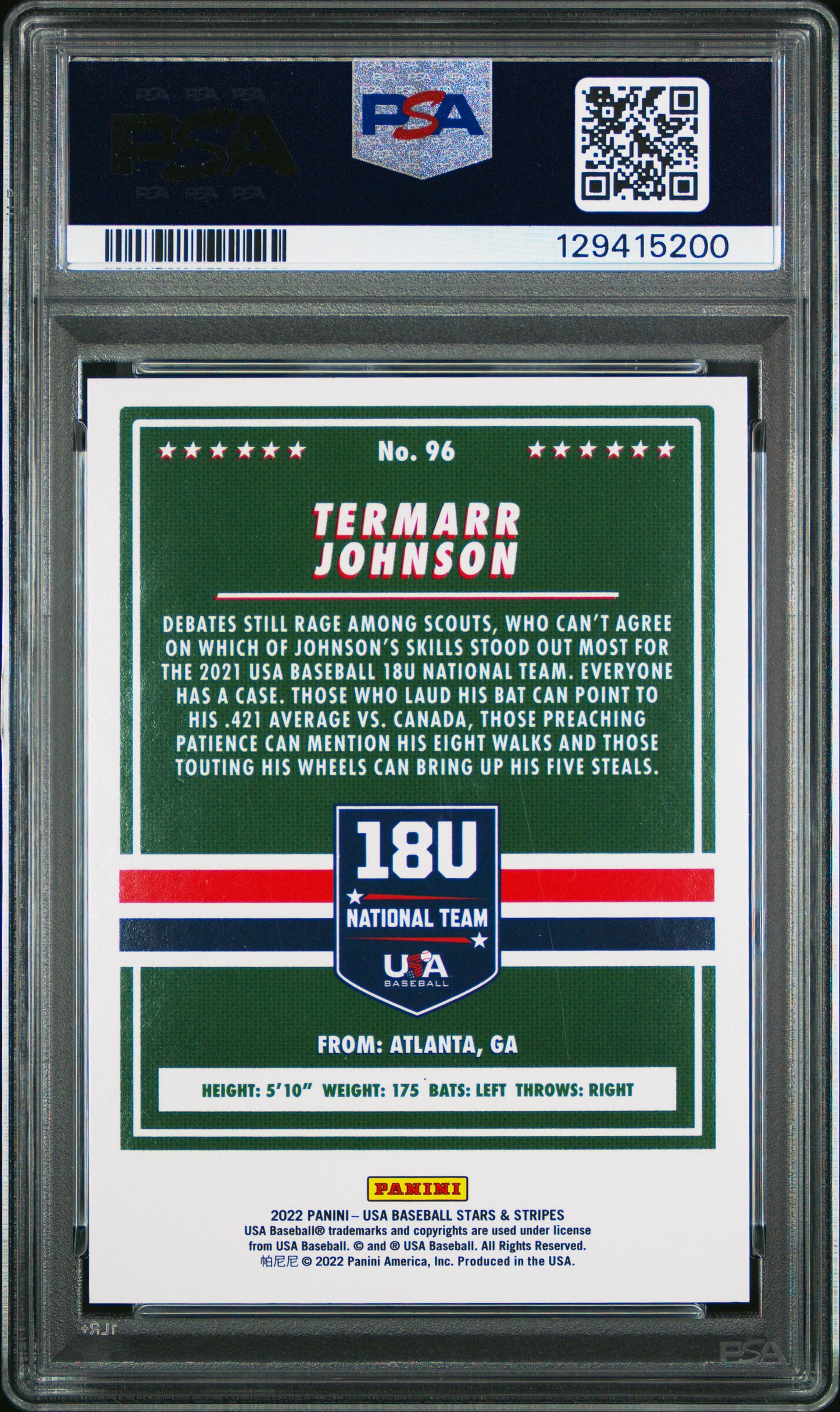 2021 Stars & Stripes Usa Termarr Johnson Longevity Team Logo Gold 13/25 PSA 10