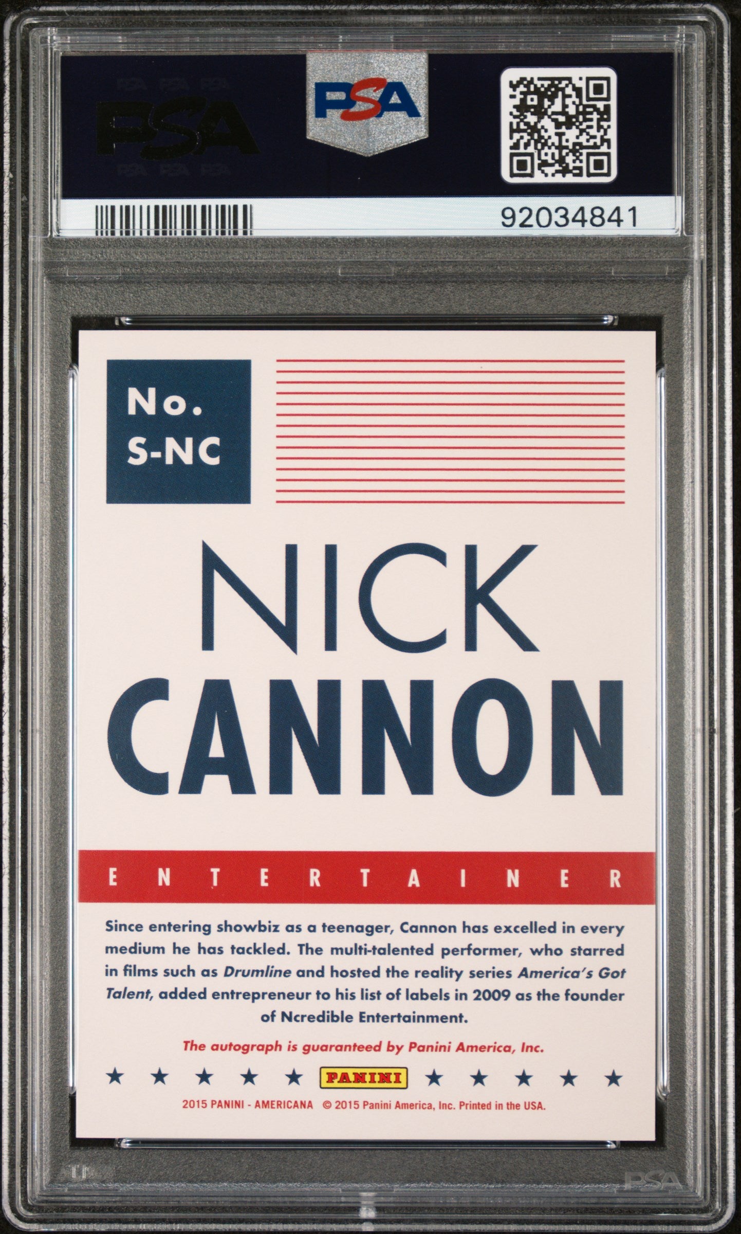 Nick Cannon 2015 Panini Americana Signatures AUTO POP 1 PSA 10