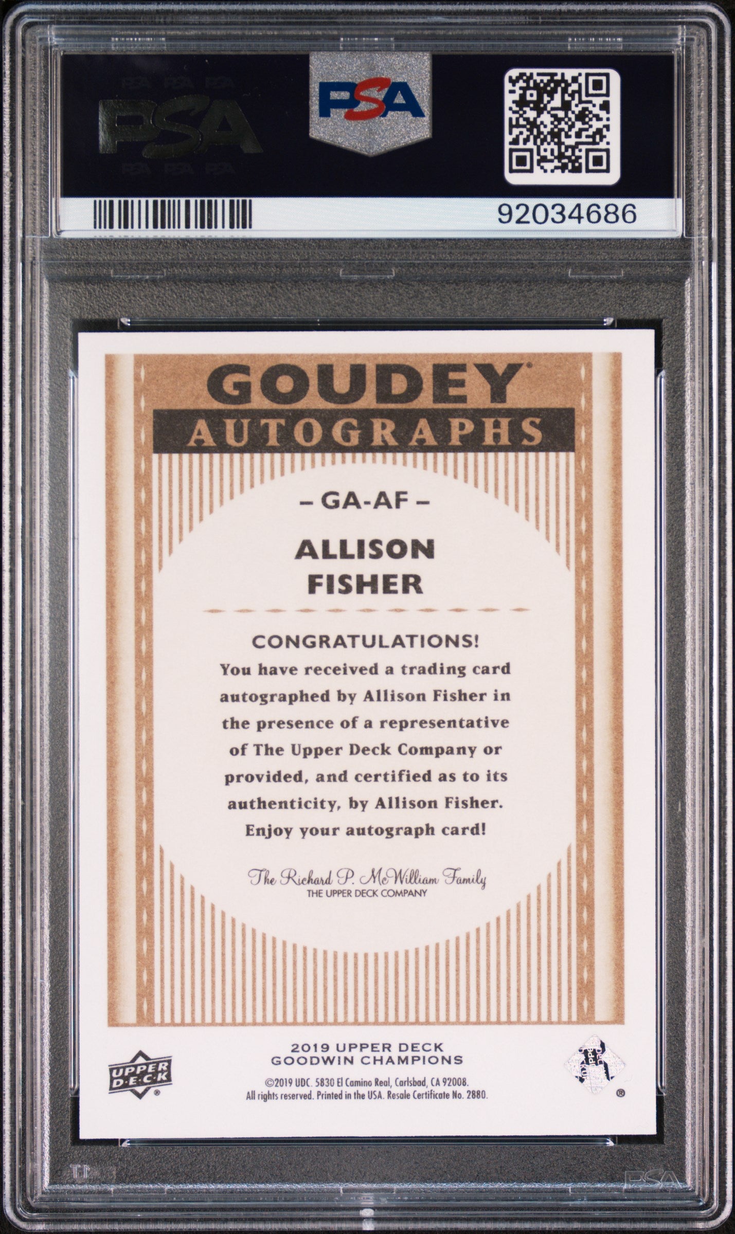 2019 Upper Deck Goodwin Champions Goudey Allison Fisher Goudey AUTO PSA 10