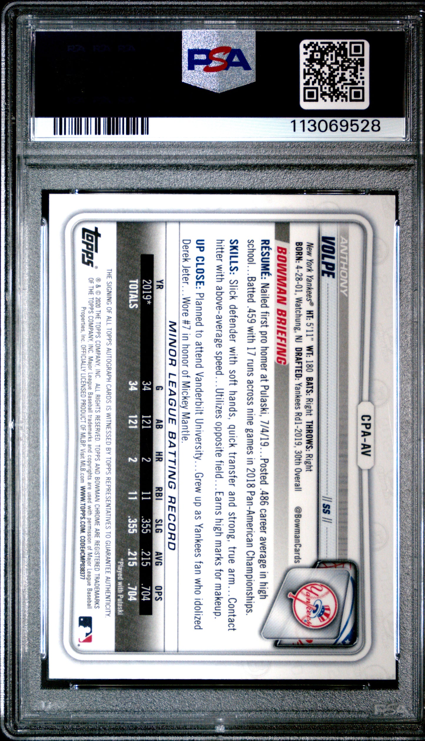 2020 Bowman Chrome Prospect AUTO Anthony Volpe #112/150 Blue Refractor PSA 10