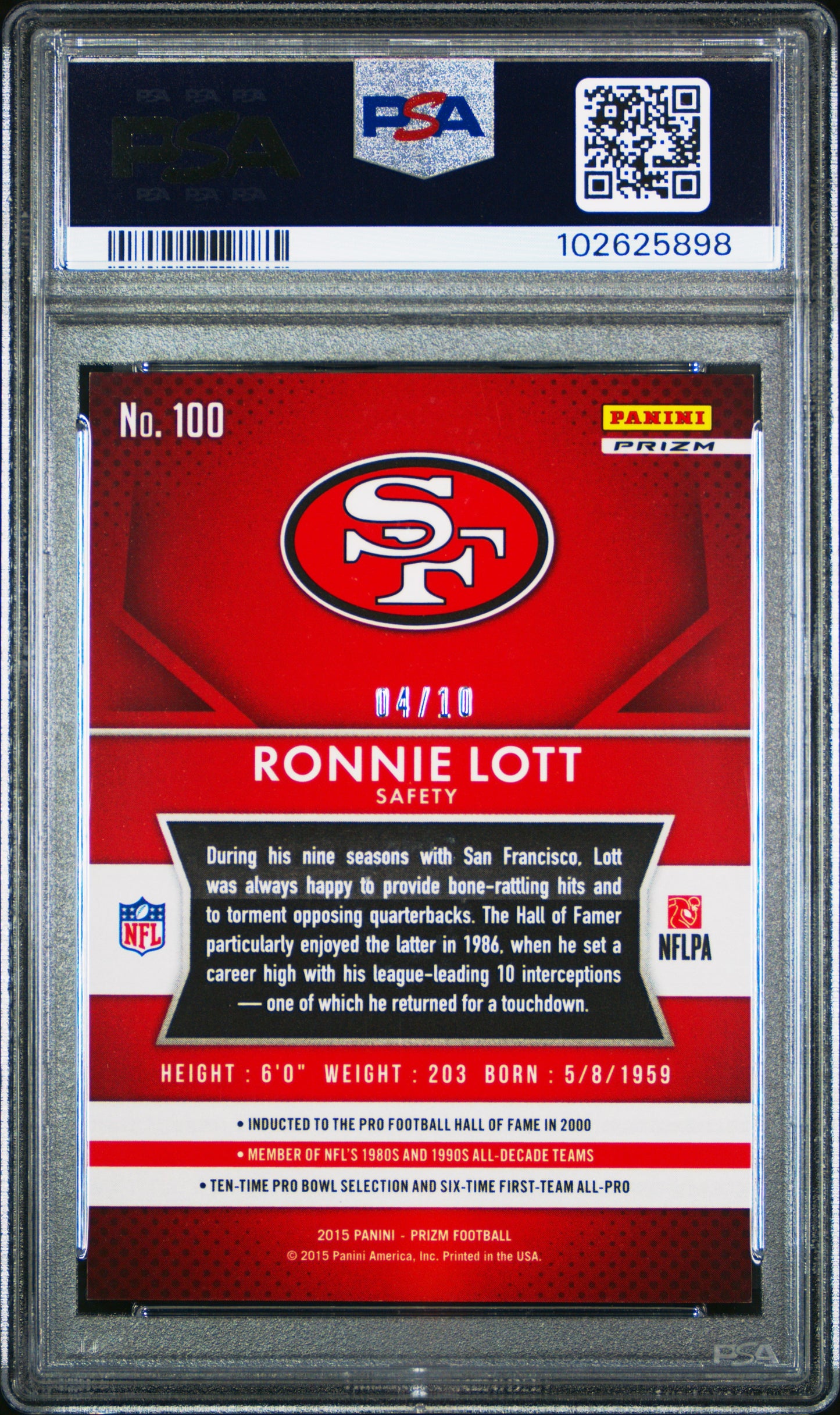 2015 Panini Prizm Ronnie Lott #100 Gold #4/10 PSA 10 PSA 10