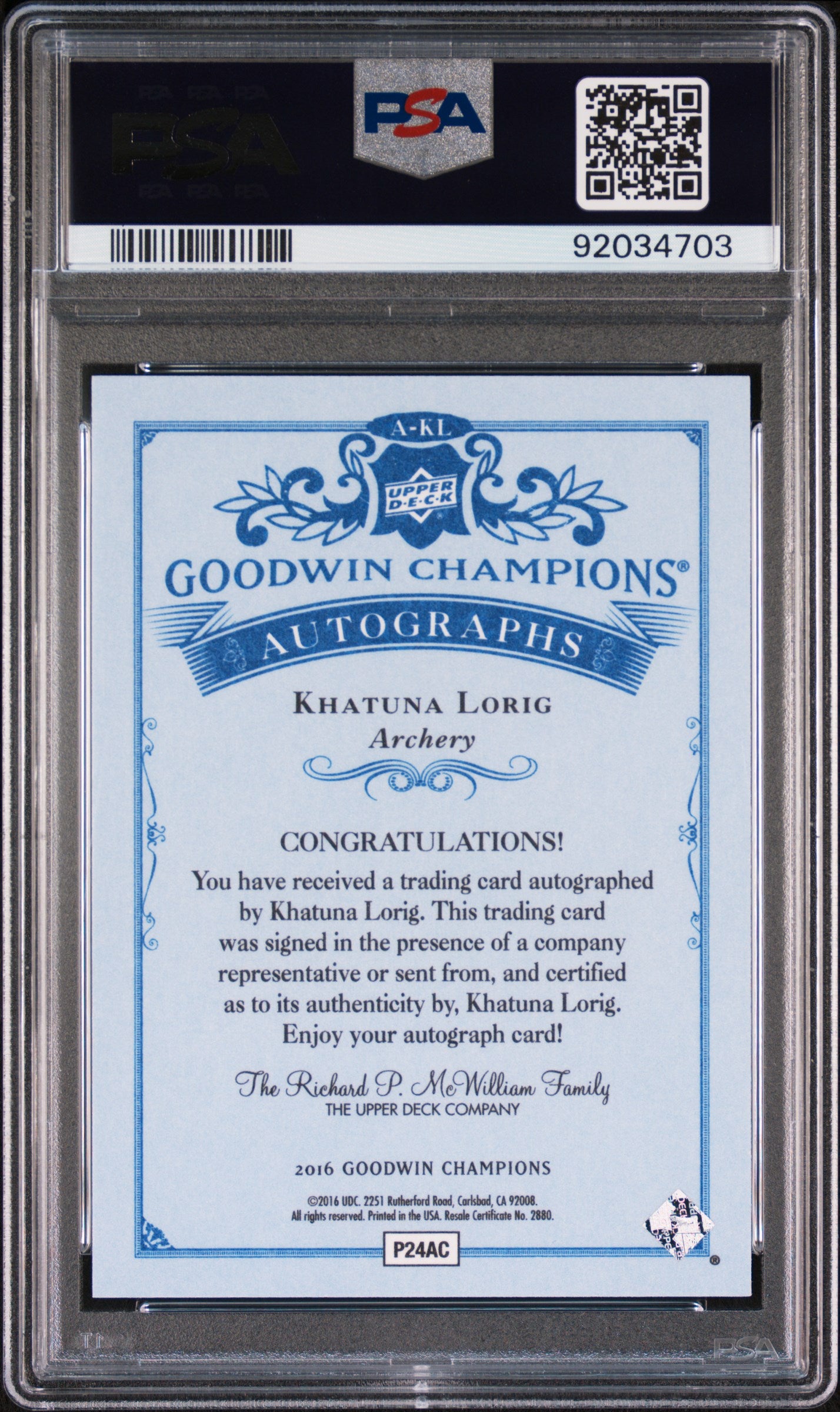 2016 Upper Deck Goodwin Champions Khatuna Lorig AUTO Inscription PSA 10