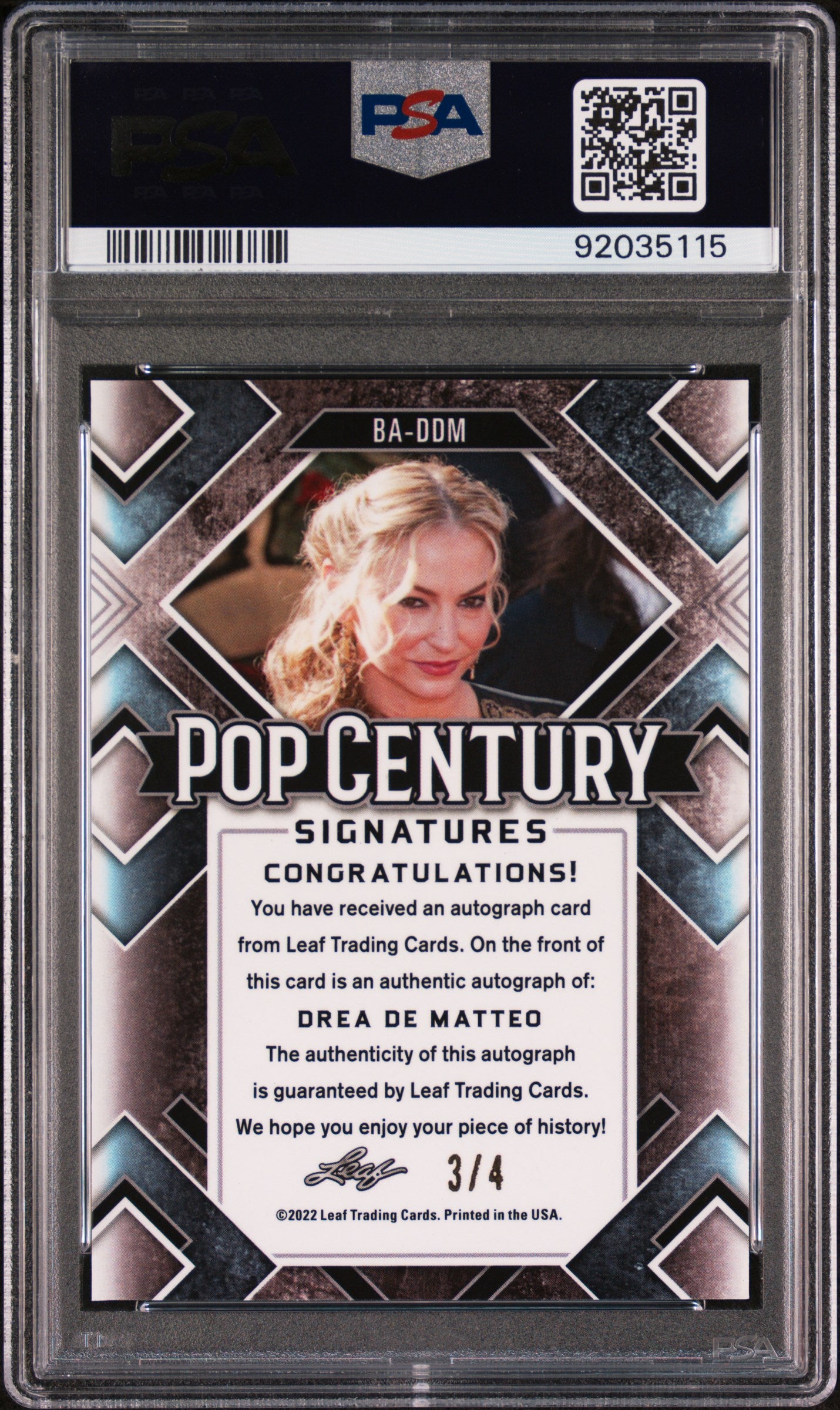 Drea De Matteo 2022 Leaf Metal Pop Century Auto #3/4 Tiger Crystal PSA 10