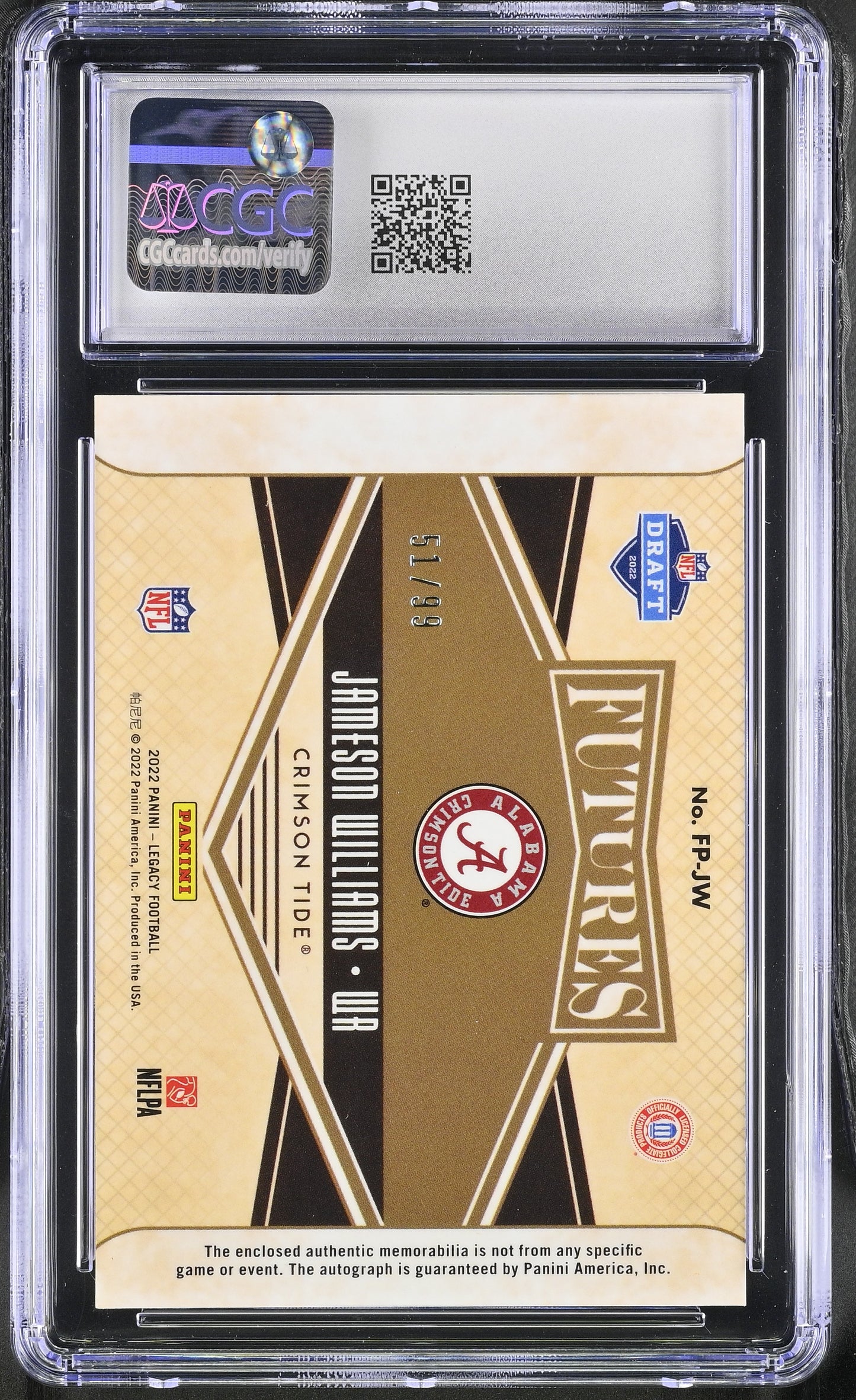 2022 Panini Legacy Jameson Williams #FP-JW Futures Patch Autographs CGC 8.5